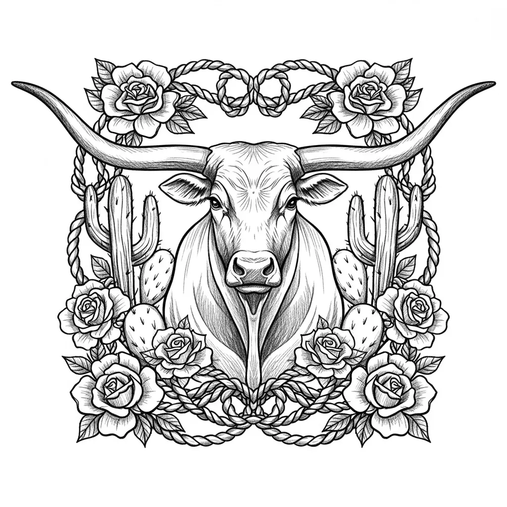 Elegant vertical bookmark featuring a majestic Texas Longhorn bull surrounded by detailed western roses, cactus and decorative rope, large curved horns forming a beautiful silhouette, symmetrical composition, highly detailed pencil engraving, black and white, strong contrast, intricate linework, no text, no color