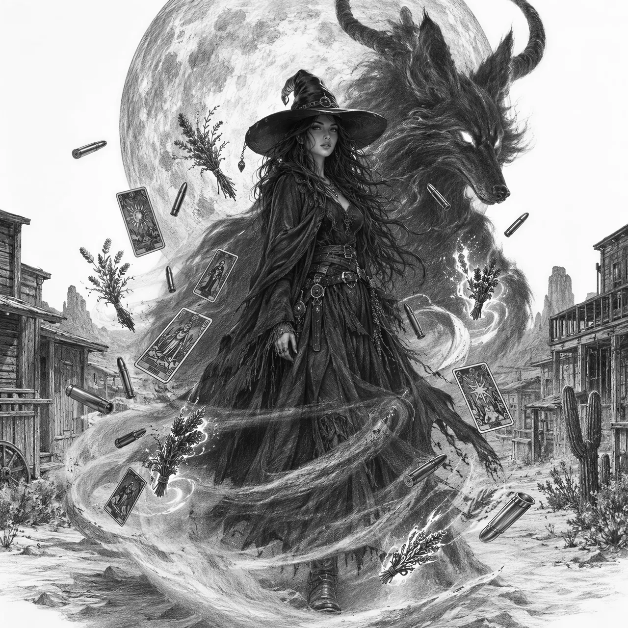 Die Hexe von Dust Valley
Eine geheimnisvolle Western-Hexe in schwarzem Staubmantel steht mitten in einer verlassenen Wüstenstadt, ihr Schatten verwandelt sich in einen riesigen gehörnten Kojoten, um sie herum schweben alte Tarotkarten, Revolverkugeln und leuchtende Kräuter, der Mond ist unnatürlich riesig, Sand wirbelt spiralförmig um ihre Füße, gothic western fantasy, mysterious, cinematic, highly detailed