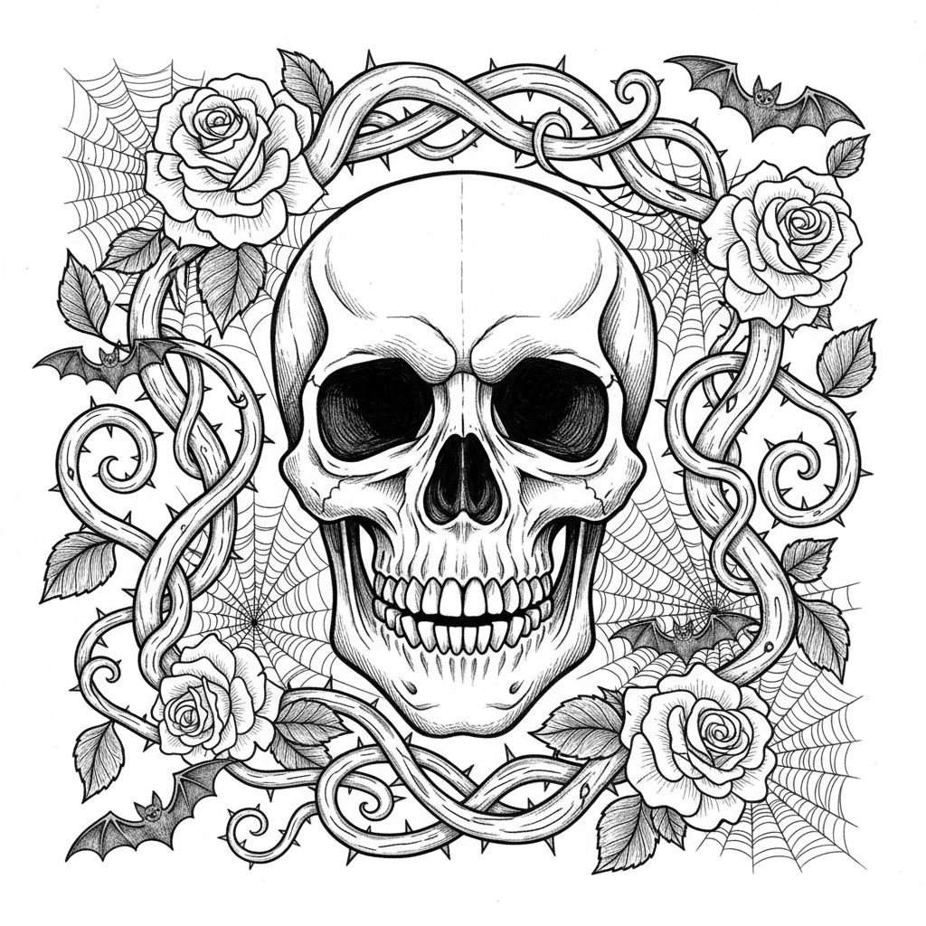 A highly detailed Halloween skull surrounded by roses, spider webs, bats and twisted vines, dark gothic style, symmetrical composition, hand-drawn pencil engraving, black and white, very high contrast, extremely detailed linework, clean contours, no color, no text, white background, suitable for laser engraving