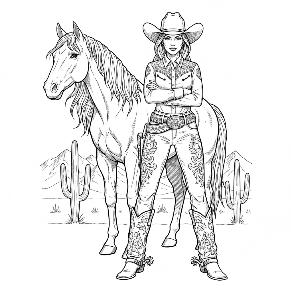 A beautiful confident Wild West cowgirl wearing a wide-brim cowboy hat, western shirt, jeans, boots and leather belt, standing proudly beside a horse, desert mountains in the background, highly detailed pencil engraving, black and white, strong contrast, elegant fine linework, no color, no text, white background, laser engraving