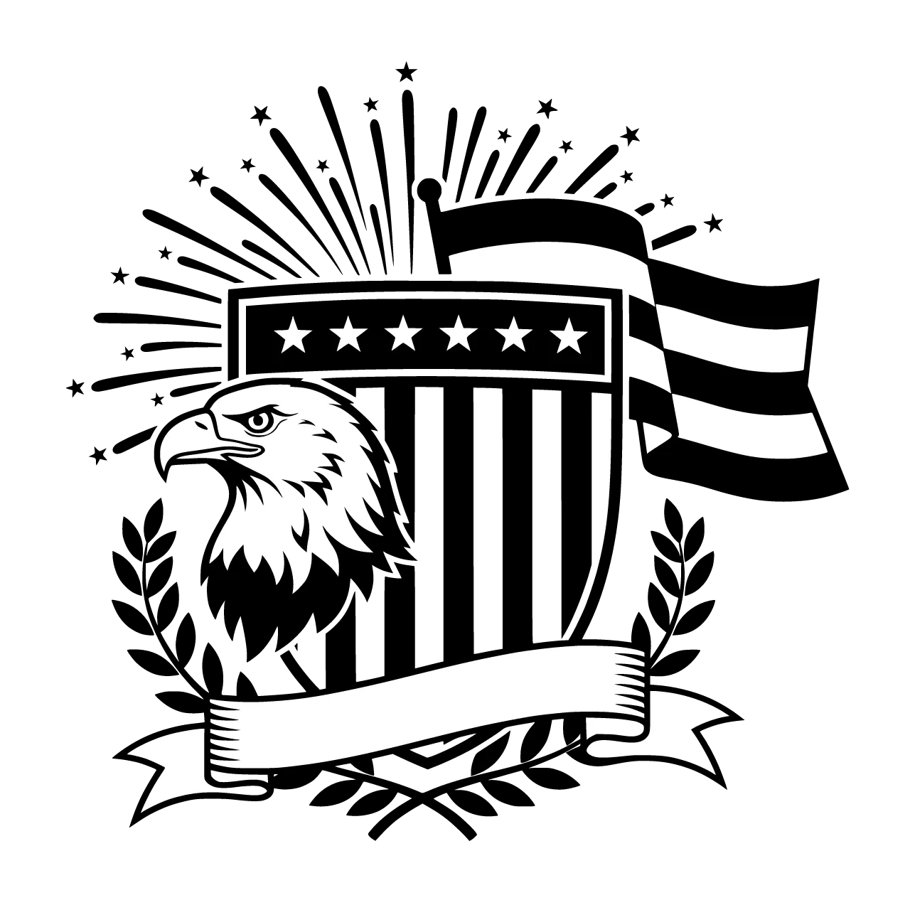 A bald eagle head in sharp profile facing left, feathers layered in overlapping rows down the neck. Behind the head a large shield shape stands upright, its upper band filled with a row of stars and its lower section divided into vertical stripes. A waving flag unfurls behind the shield to the right, folding twice as it extends. Two olive branches curve upward from the bottom corners and cross beneath the shield. A ribbon banner sweeps across the lower third with room for a date, its ends split into notched tails. A burst of fireworks opens in the upper background.
