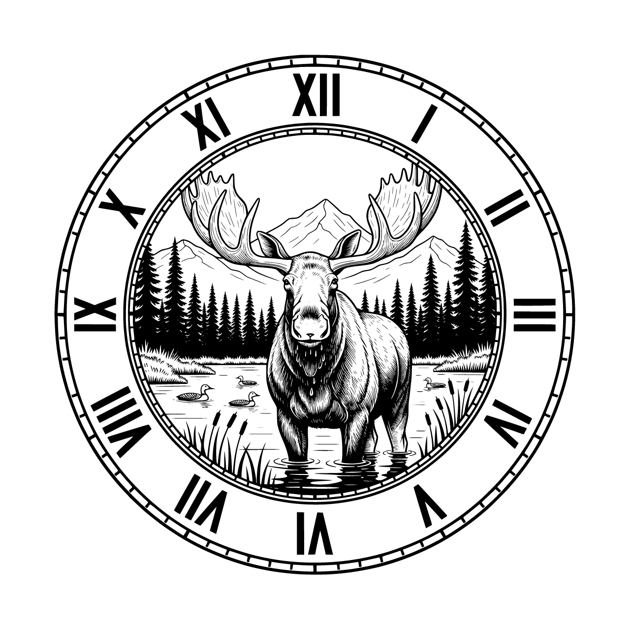 A circular clock face design with two clearly separated zones: an outer ring band containing large bold Roman numerals (XII at top, III right, VI bottom, IX left, with I, II, IV, V, VII, VIII, X, XI between them) placed on completely clean empty background with no decorative elements behind the numerals, the numerals must be highly legible and unobstructed, a thin decorative line separating the outer numeral ring from the inner scene, the inner circle contains a massive bull moose with enormous palmated antlers standing knee-deep in a misty marshland lake, water dripping from his muzzle, dense boreal forest of spruce trees surrounding the marsh, distant mountains in mist, loons swimming on the water, cattails along the edges, the central scene is fully contained within the inner circle and does not cross into the numeral ring, perfect circular composition with clear separation between the readable numeral border and the detailed central wildlife illustration