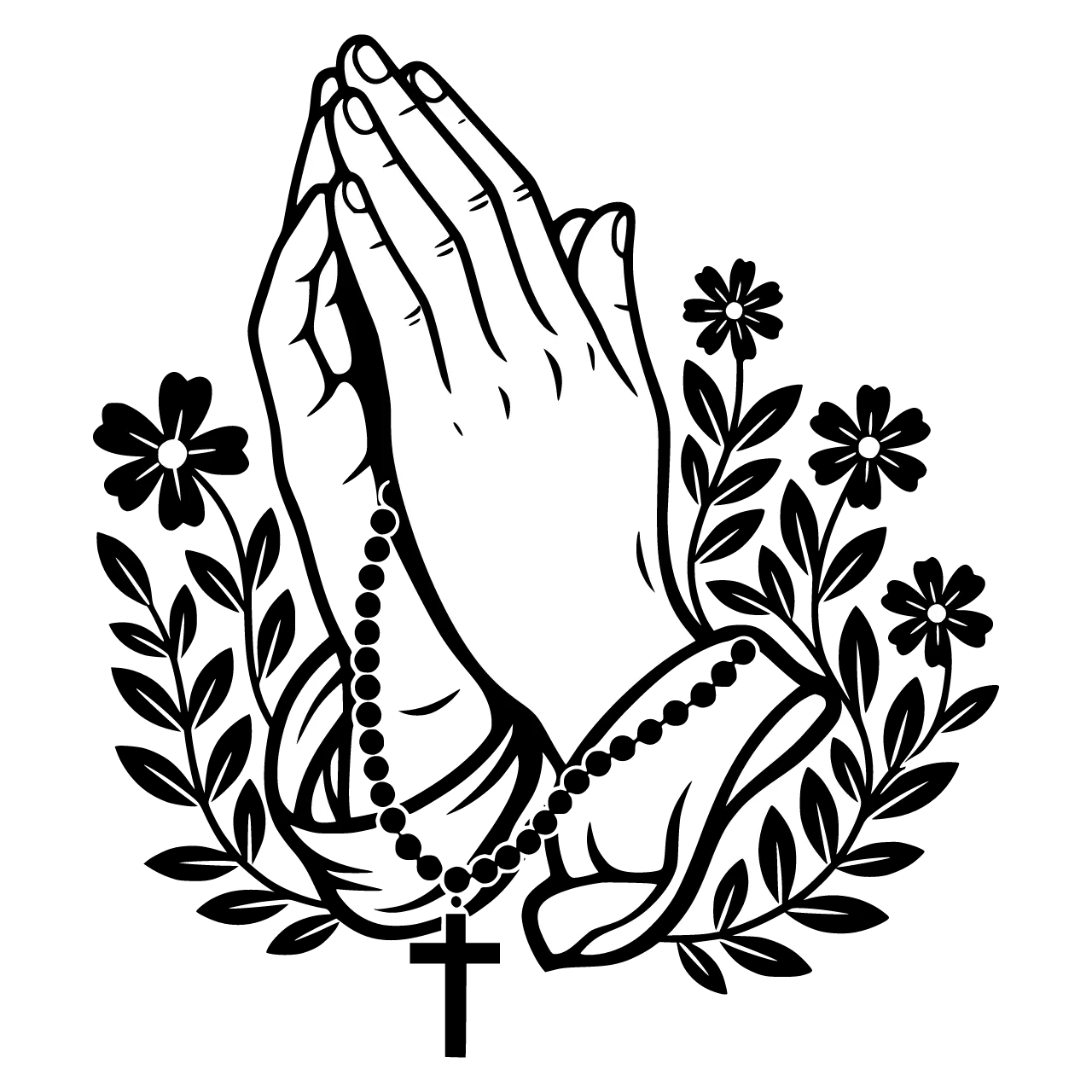 A pair of praying hands holding a rosary, wildflowers growing around the wrists, centered composition
