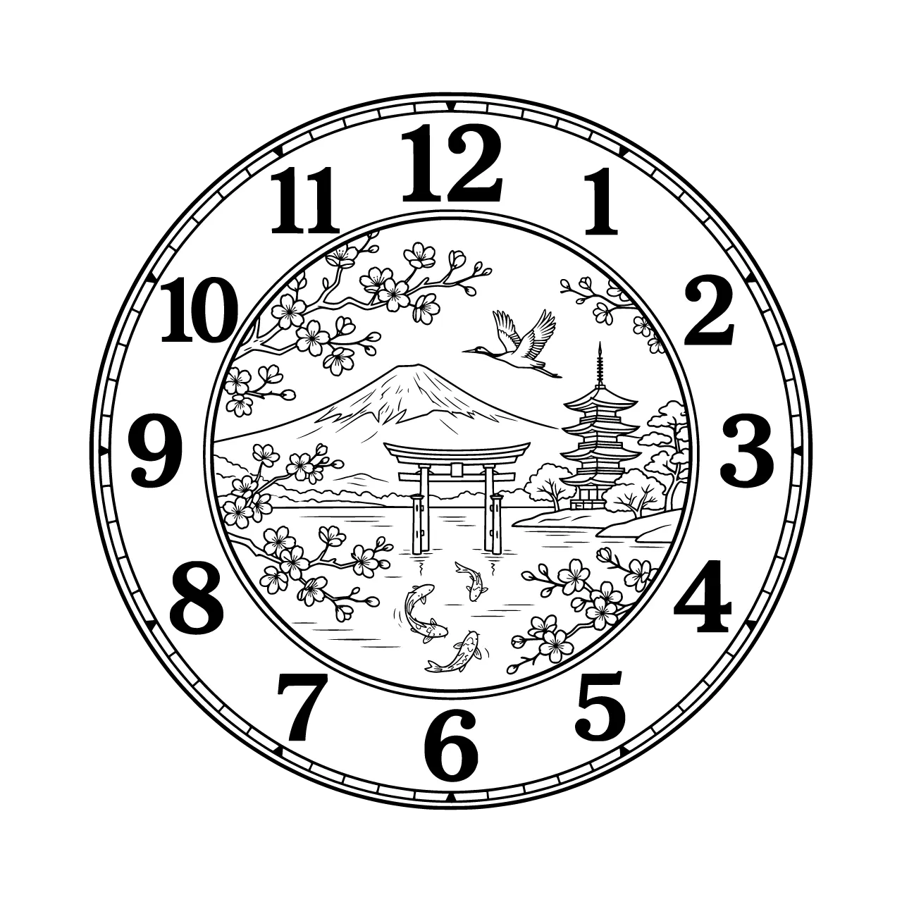 A circular clock face design with two clearly separated zones: an outer ring band containing large bold Arabic numerals (12 at top, 3 right, 6 bottom, 9 left, with 1, 2, 4, 5, 7, 8, 10, 11 between them) placed on completely clean empty background with no decorative elements behind the numerals, the numerals must be highly legible and unobstructed, a thin decorative line separating the outer numeral ring from the inner scene, the inner circle contains Mount Fuji snow-capped in the distance, blooming cherry blossom branches, a red torii gate standing in a calm lake, koi fish swimming below, a crane in flight and a traditional pagoda among the trees, the central scene is fully contained within the inner circle and does not cross into the numeral ring, perfect circular composition with clear separation between the readable numeral border and the detailed central illustration