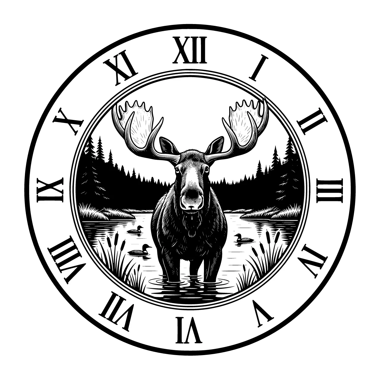 A circular clock face design with two clearly separated zones: an outer ring band containing large bold Roman numerals (XII at top, III right, VI bottom, IX left, with I, II, IV, V, VII, VIII, X, XI between them) placed on completely clean empty background with no decorative elements behind the numerals, the numerals must be highly legible and unobstructed, a thin decorative line separating the outer numeral ring from the inner scene, the inner circle contains a massive bull moose with enormous palmated antlers standing knee-deep in a misty marshland lake, water dripping from his muzzle, dense boreal forest of spruce trees surrounding the marsh, distant mountains in mist, loons swimming on the water, cattails along the edges, the central scene is fully contained within the inner circle and does not cross into the numeral ring, perfect circular composition with clear separation between the readable numeral border and the detailed central wildlife illustration