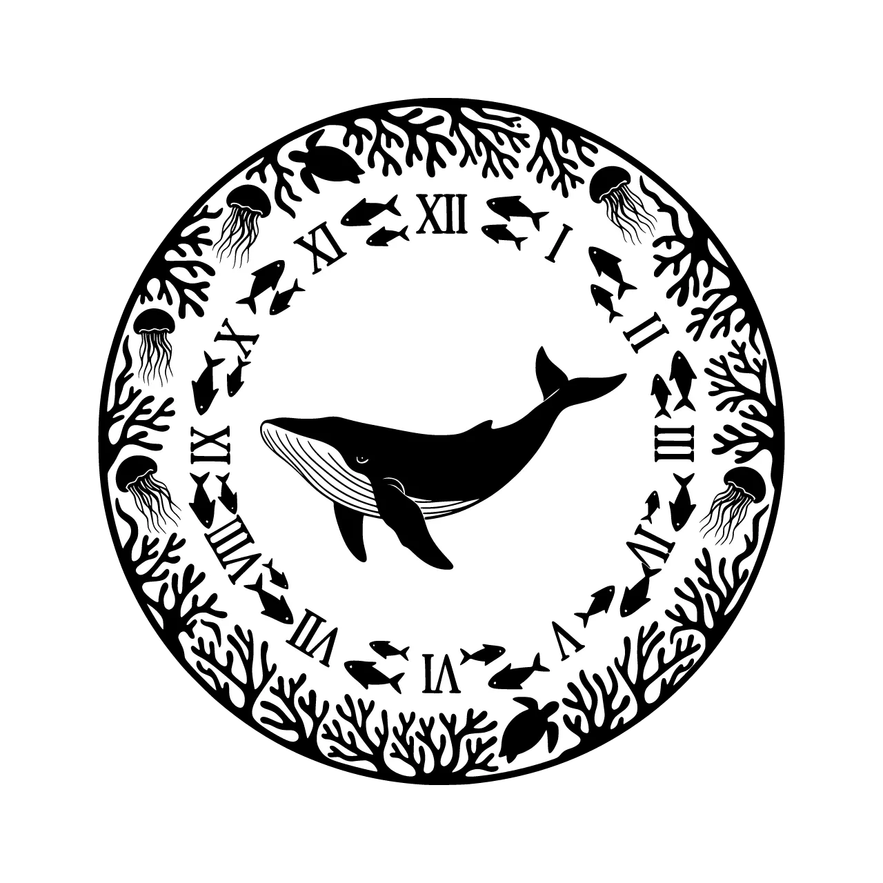 A circular clock face, intricate underwater ocean scene with a majestic humpback whale in the center, swirling school of fish forming a ring around Roman numerals, coral reefs and seaweed flowing along the outer border, sea turtles and jellyfish integrated into the composition, symmetrical circular layout