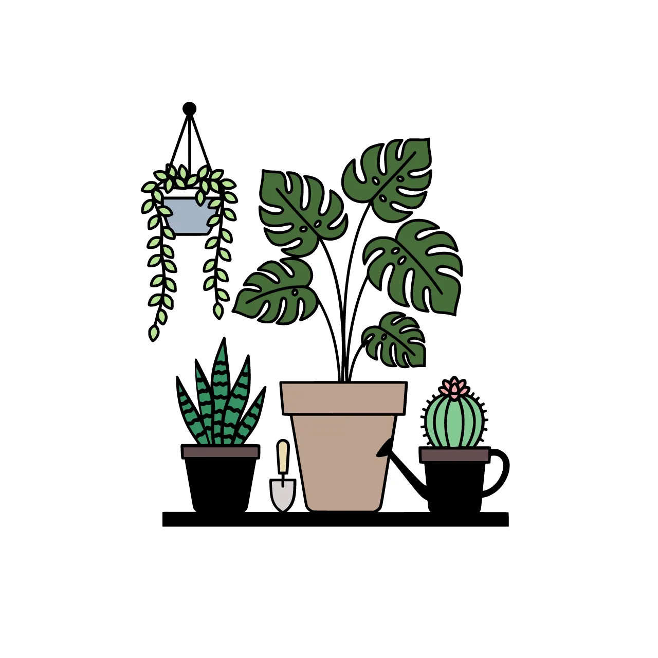A tall terracotta pot at the center holding a monstera with four large split leaves that fan out at different heights. A snake plant with upright pointed blades sits to the left in a smaller pot, and a round cactus with a single flower sits to the right. Trailing vines spill from a hanging pot in the upper left and cascade down past the monstera, small oval leaves alternating along each stem. A watering can with a long spout stands at the bottom right, and a small trowel leans against the center pot. A shelf line runs horizontally beneath all the pots.