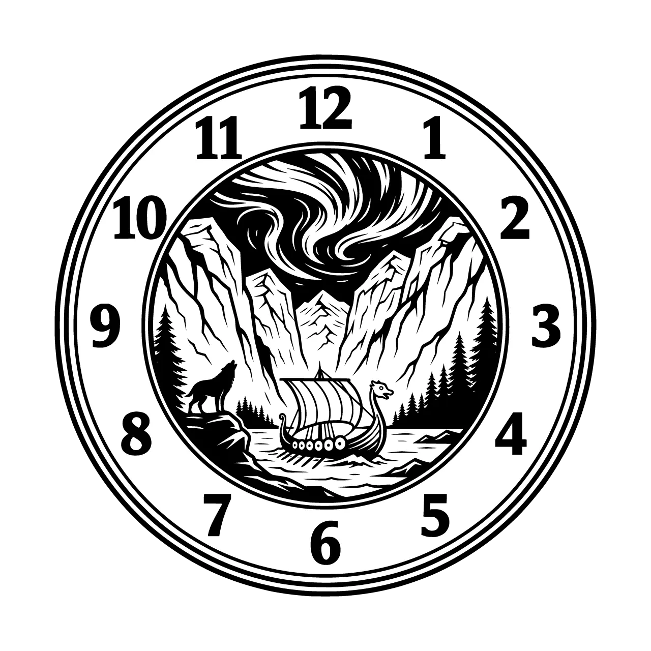 A circular clock face design with two clearly separated zones: an outer ring band containing large bold Arabic numerals (12 at top, 3 right, 6 bottom, 9 left, with 1, 2, 4, 5, 7, 8, 10, 11 between them) placed on completely clean empty background with no decorative elements behind the numerals, the numerals must be highly legible and unobstructed, a thin decorative line separating the outer numeral ring from the inner scene, the inner circle contains a Viking longship sailing through a deep fjord between towering cliffs, northern lights swirling across the night sky, a lone wolf on a rocky shore, snow-capped mountains and pine forest, a carved dragon prow cutting through icy water, the central scene is fully contained within the inner circle and does not cross into the numeral ring, perfect circular composition with clear separation between the readable numeral border and the detailed central illustration