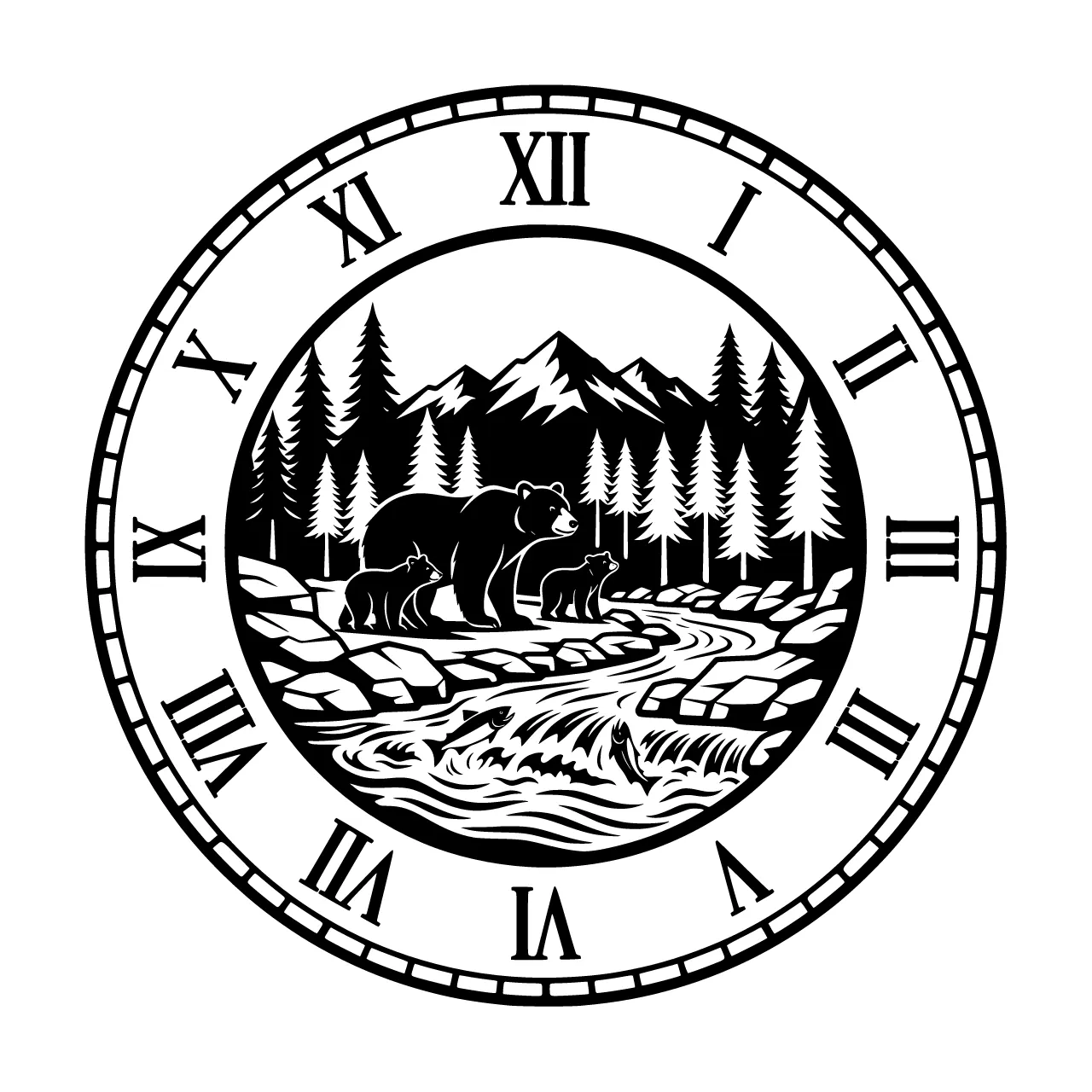 A circular clock face design with two clearly separated zones: an outer ring band containing large bold Roman numerals (XII at top, III right, VI bottom, IX left, with I, II, IV, V, VII, VIII, X, XI between them) placed on completely clean empty background with no decorative elements behind the numerals, the numerals must be highly legible and unobstructed, a thin decorative line separating the outer numeral ring from the inner scene, the inner circle contains a mother black bear with two cubs on a rocky riverbank with rushing water, jumping salmon, dense forest of pine and cedar trees, distant snow-capped mountains, the central scene is fully contained within the inner circle and does not cross into the numeral ring, perfect circular composition with clear separation between the readable numeral border and the detailed central wildlife illustration