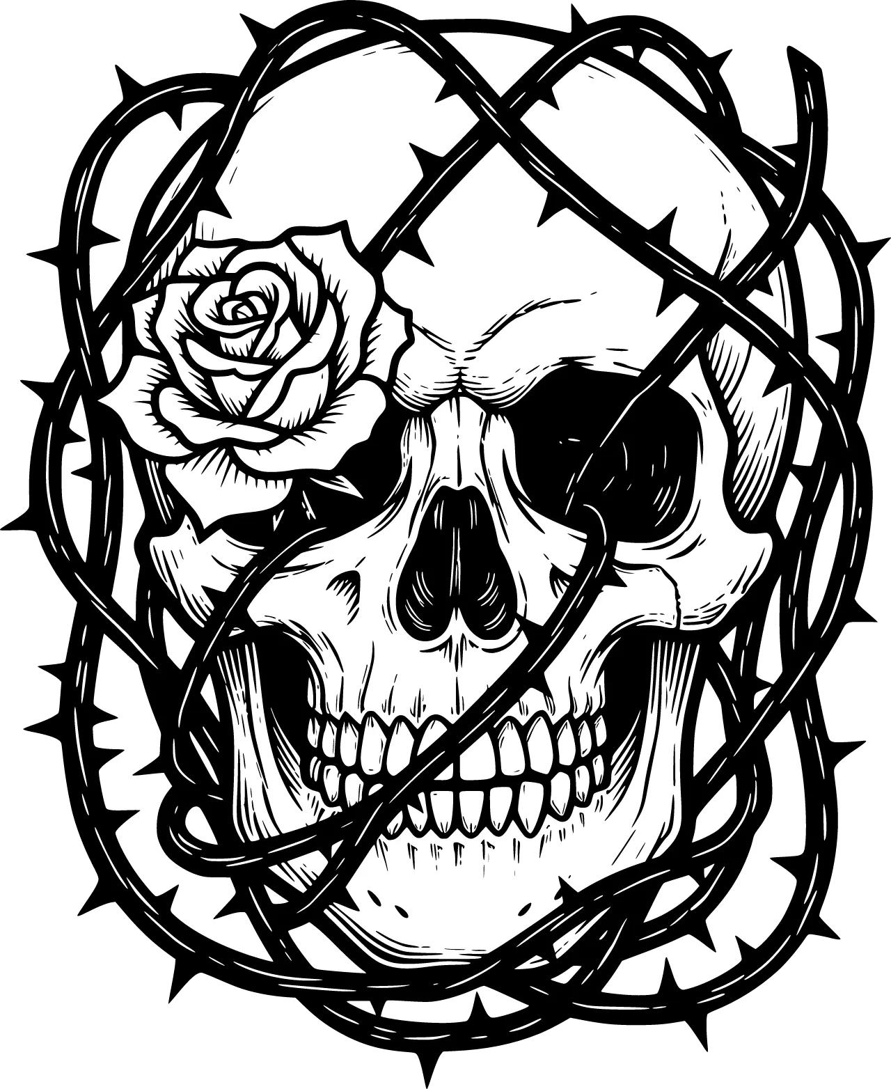 A human skull lies on the ground wrapped in thorny stems. A rose has sprouted through one of its eyes