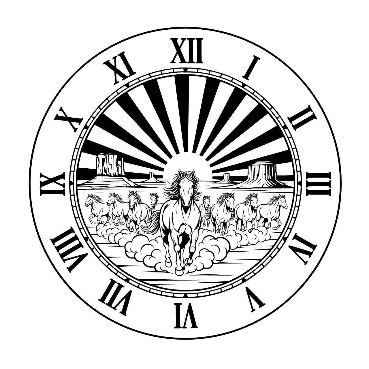 A circular clock face design with two clearly separated zones: an outer ring band containing large bold Roman numerals (XII at top, III right, VI bottom, IX left, with I, II, IV, V, VII, VIII, X, XI between them) placed on completely clean empty background with no decorative elements behind the numerals, the numerals must be highly legible and unobstructed, a thin decorative line separating the outer numeral ring from the inner scene, the inner circle contains a herd of wild mustang horses galloping at full speed across the prairie, lead stallion in front with flowing mane and tail, dust trailing behind their hooves, vast Western landscape with mesa formations and buttes, dramatic sunset sky with sun rays, the central scene is fully contained within the inner circle and does not cross into the numeral ring, perfect circular composition with clear separation between the readable numeral border and the detailed central wildlife illustration