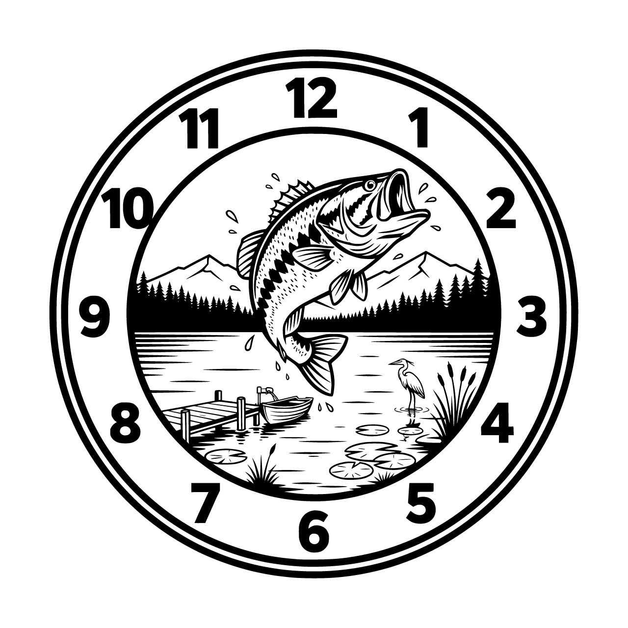 A circular clock face design with two clearly separated zones: an outer ring band containing large bold Arabic numerals (12 at top, 3 right, 6 bottom, 9 left, with 1, 2, 4, 5, 7, 8, 10, 11 between them) placed on completely clean empty background with no decorative elements behind the numerals, the numerals must be highly legible and unobstructed, a thin decorative line separating the outer numeral ring from the inner scene, the inner circle contains a massive largemouth bass leaping fully out of the water with detailed scale patterns and water droplets spraying, a tranquil lake with forested shoreline, a wooden fishing dock with small boat, lily pads and cattails, distant mountains, a heron in the shallows, the central scene is fully contained within the inner circle and does not cross into the numeral ring, perfect circular composition with clear separation between the readable numeral border and the detailed central wildlife illustration