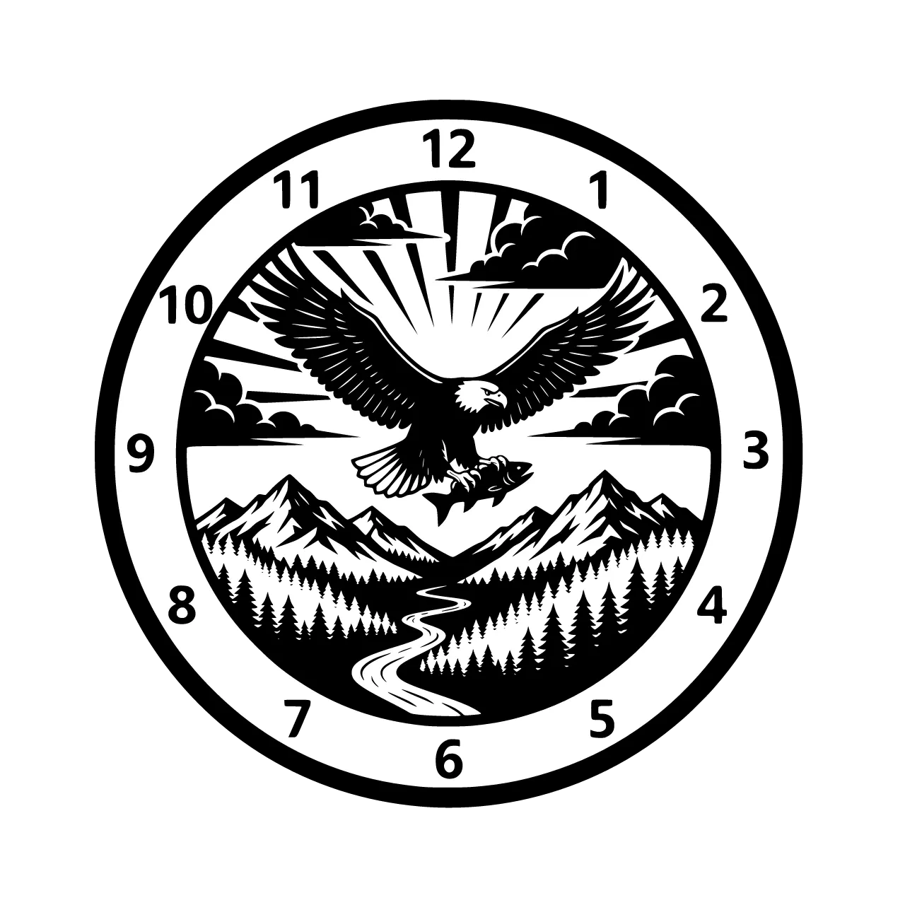 A circular clock face design with two clearly separated zones: an outer ring band containing large bold Arabic numerals (12 at top, 3 right, 6 bottom, 9 left, with 1, 2, 4, 5, 7, 8, 10, 11 between them) placed on completely clean empty background with no decorative elements behind the numerals, the numerals must be highly legible and unobstructed, a thin decorative line separating the outer numeral ring from the inner scene, the inner circle contains a magnificent bald eagle in mid-flight with massive wingspan fully extended, talons gripping a fish, flying above a vast landscape with a meandering river through a valley, snow-capped mountains, pine forest below, dramatic clouds with sun rays, the central scene is fully contained within the inner circle and does not cross into the numeral ring, perfect circular composition with clear separation between the readable numeral border and the detailed central wildlife illustration