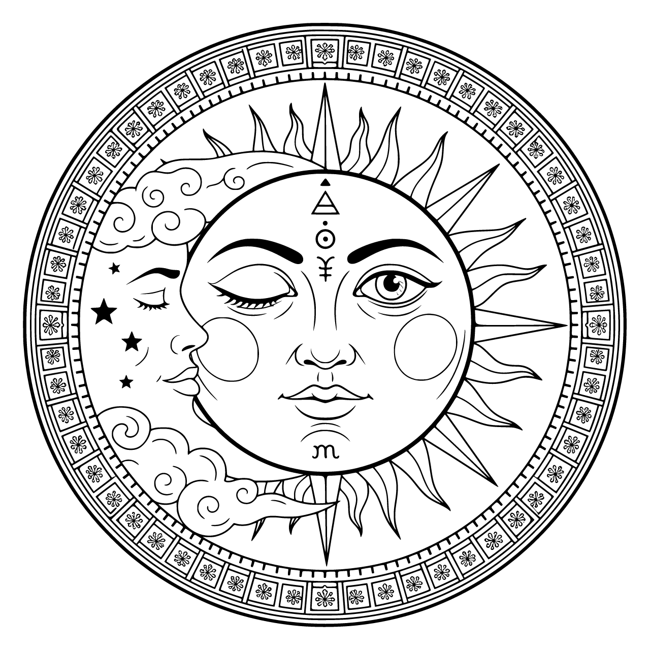 An ornate sun and moon merged into a single circular face, the sun half with radiating flame rays, bold cheekbones and an open eye, the moon half with a closed sleeping eye, stars and drifting clouds, the seam between them decorated with tiny alchemical symbols, an antique engraved border ring framing the whole design
