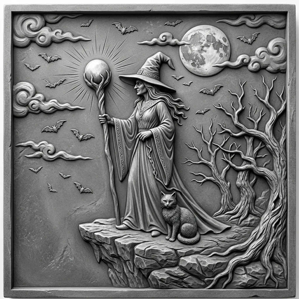 A nice and sexy witch standing on a rocky cliff at night, long flowing robe and pointed hat, holding a wooden staff with a glowing orb on top, a black cat sitting beside her feet, a full moon and scattered clouds behind her, bats flying across the sky, a few bare twisted trees on the side