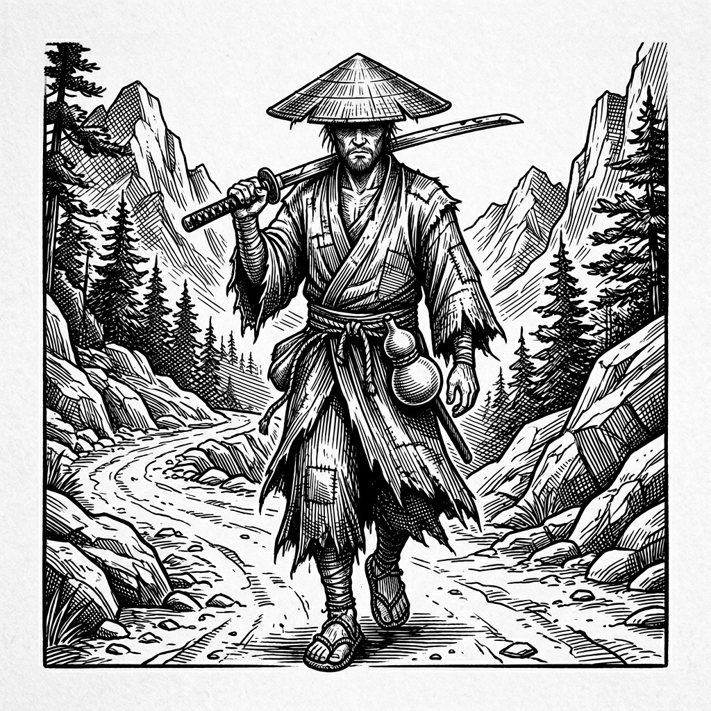 A wandering ronin masterless samurai with weathered straw kasa hat ...