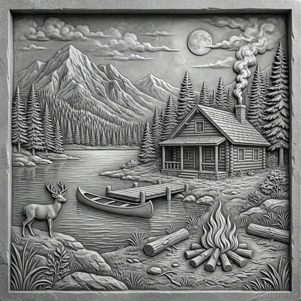 Detailed black and white line art, old engraving style, depicting a rustic log cabin with smoke rising from its chimney, nestled by a tranquil lake. A deer stands near a wooden dock with a canoe. Majestic mountains and a dense pine forest fill the background under a cloudy sky with a full moon. A campfire burns in the foreground, creating a serene wilderness scene. Wide shot, eye-level perspective.