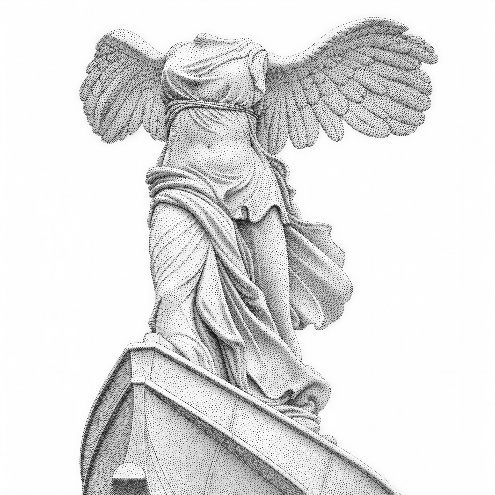Winged Victory of Samothrace, dramatic marble wings spread wide and wind-swept drapery, seen from below on a ship's prow