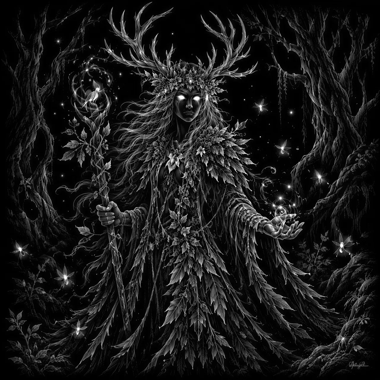Mystical forest spirit with antler crown, flowing robes made of leaves. Glowing eyes, nature magic, surrounded by fireflies and ancient trees.