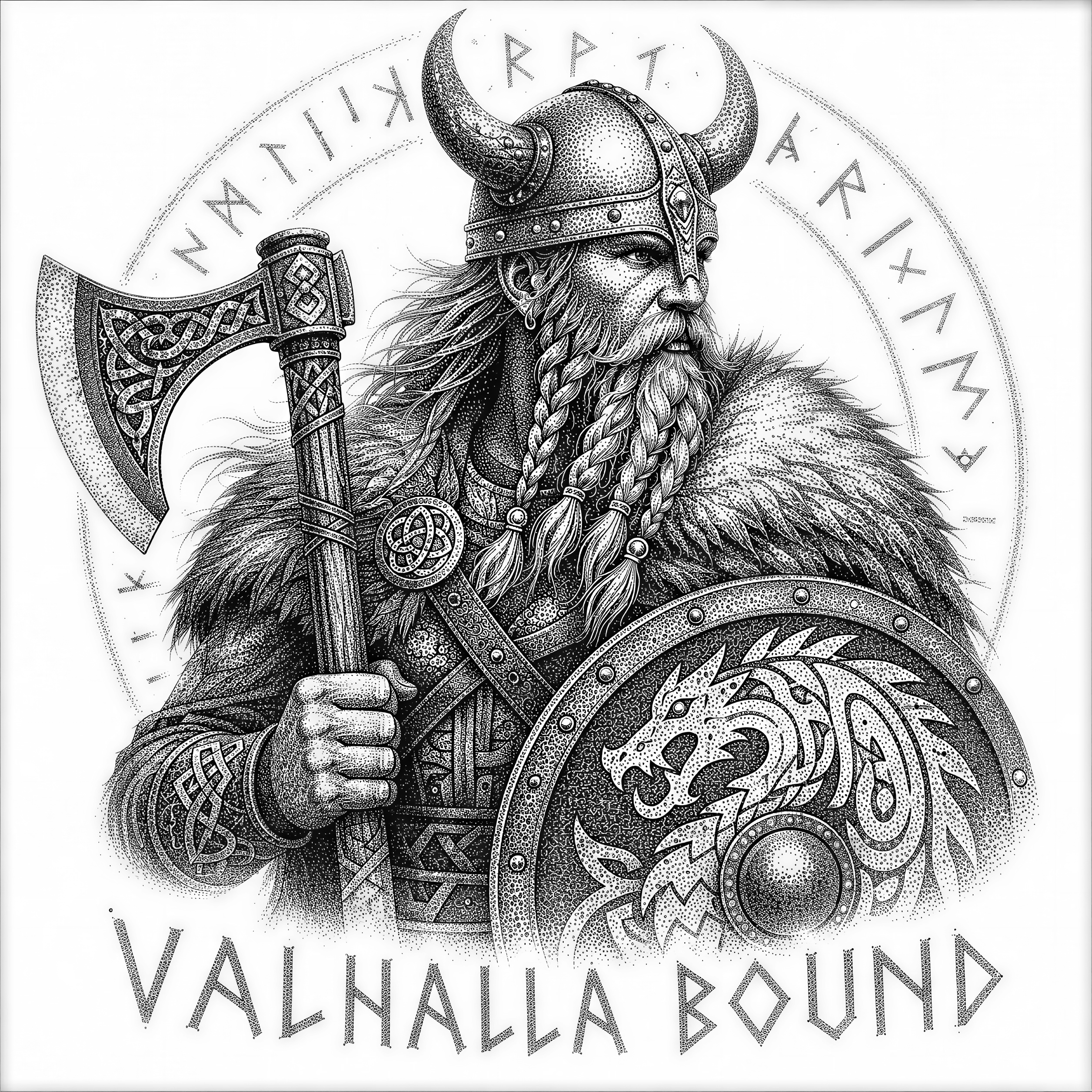 Viking warrior with braided beard, horned helmet, battle axe. Norse runes, fur cloak, shield with dragon emblem. "Valhalla Bound" in runic style.