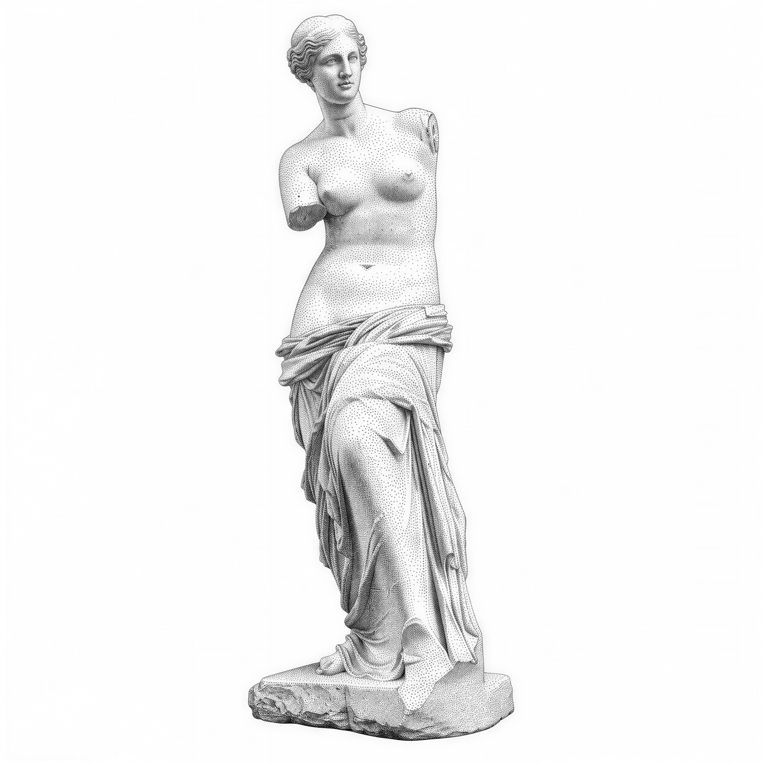 Venus de Milo marble statue, graceful draped robe and missing arms, soft museum lighting, full figure on a stone base