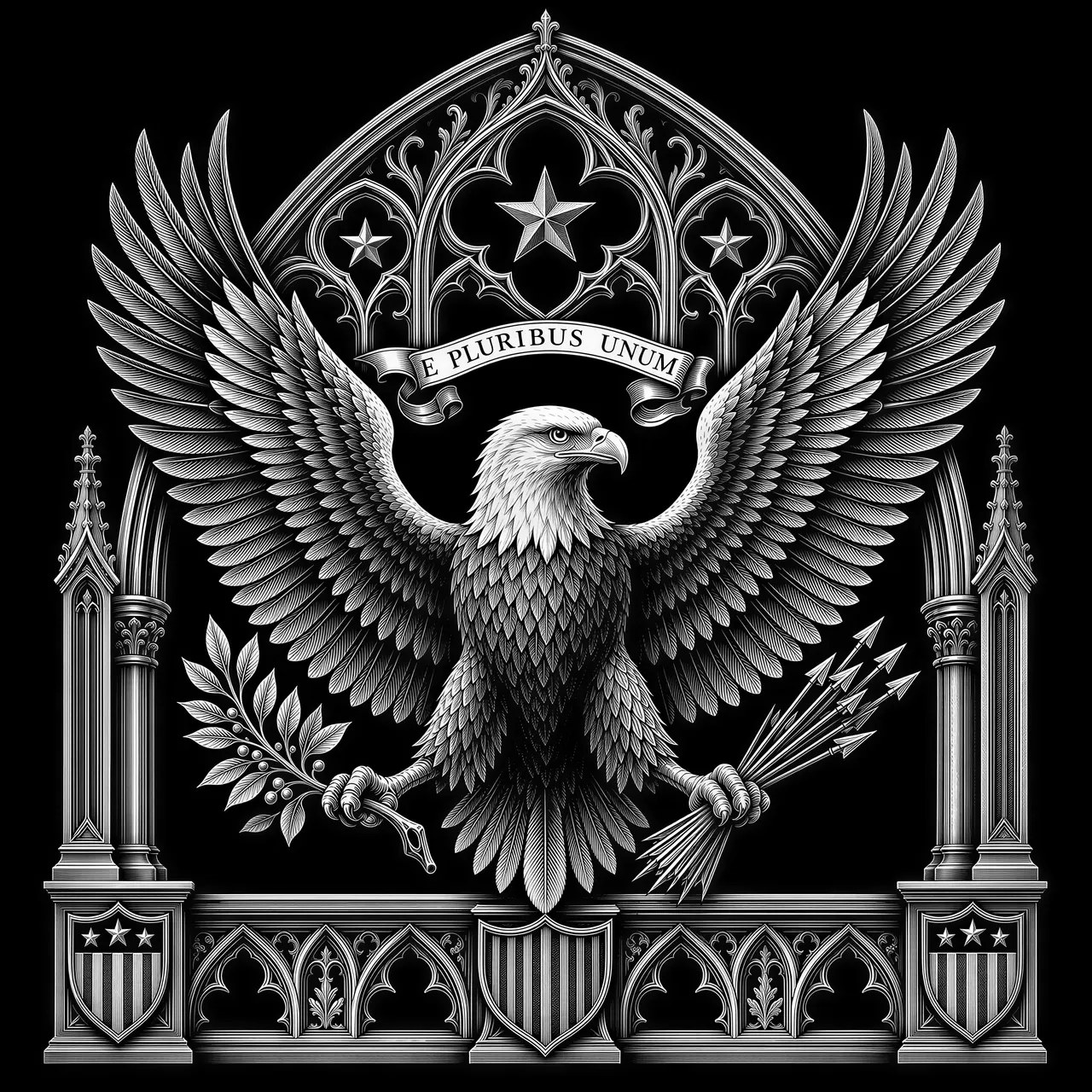 A majestic bald eagle with wings fully spread in heraldic display pose, every primary and secondary feather individually rendered with fine line detail, clutching arrows and olive branch in talons, inside a tall gothic pointed arch frame with star-spangled cusped ornaments, banner scrollwork in the tracery background, gothic base with fluted columns and shield motifs, black and white