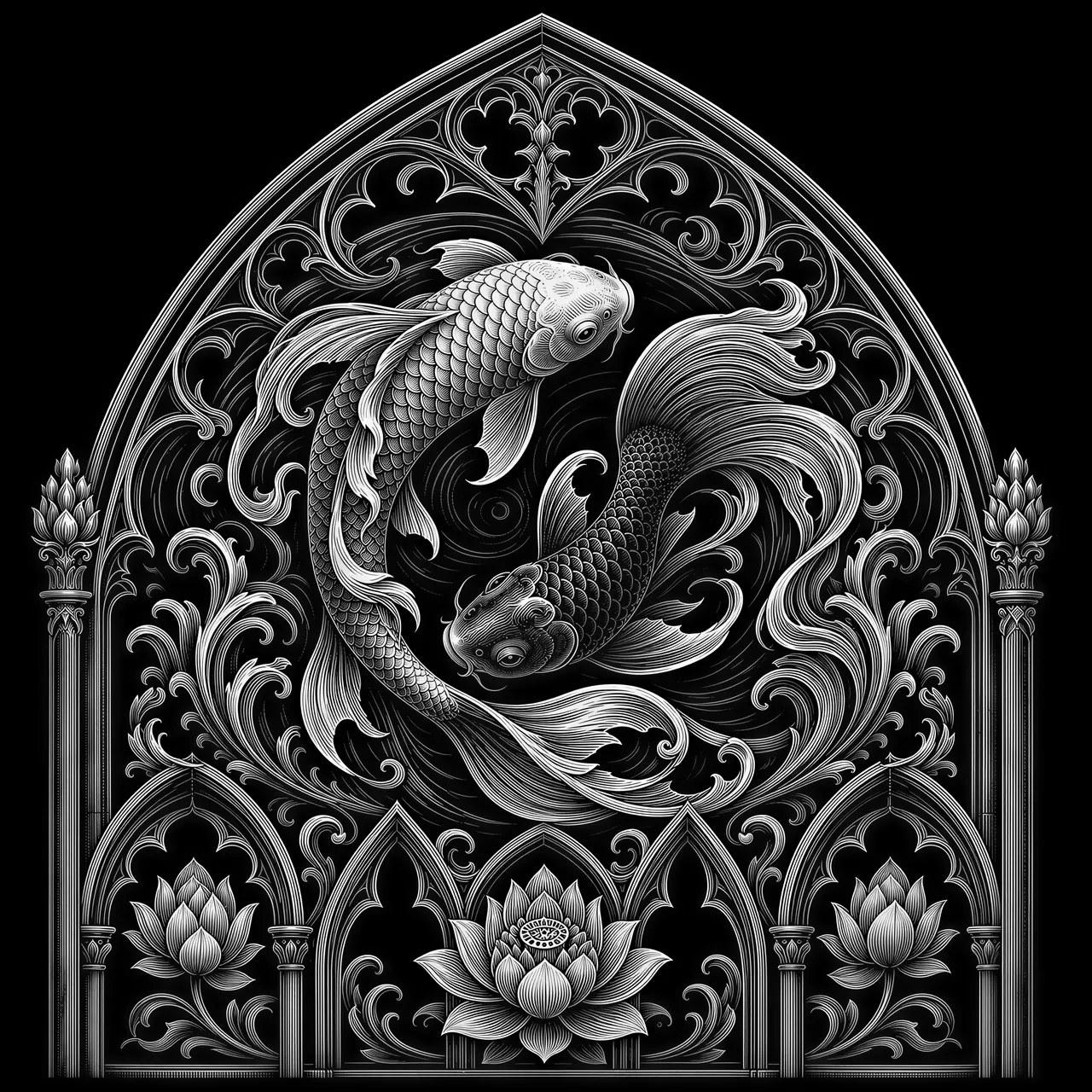 A twin pair of koi fish swimming in opposite directions forming a yin-yang circular composition within a tall gothic pointed arch frame, each fish with individually rendered scales and flowing ornate fins and tails extending into scrollwork, water ripple patterns integrated into gothic tracery background with wave-inspired cusped ornaments, lotus flowers at the base between gothic lancet arches with eastern-influenced column details, black and white intricate linework