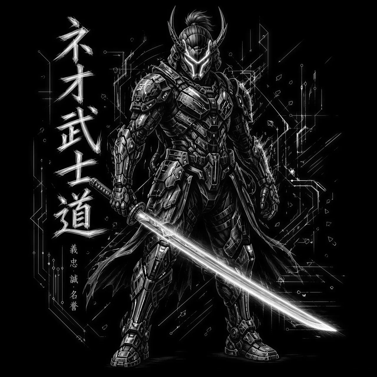 Cyberpunk-samoerai met neonkatana, tech-harnas en gloeiend masker. Circuitpatronen, holografische details, chromen afwerking. "Neo Bushido" in futuristische kanji.
