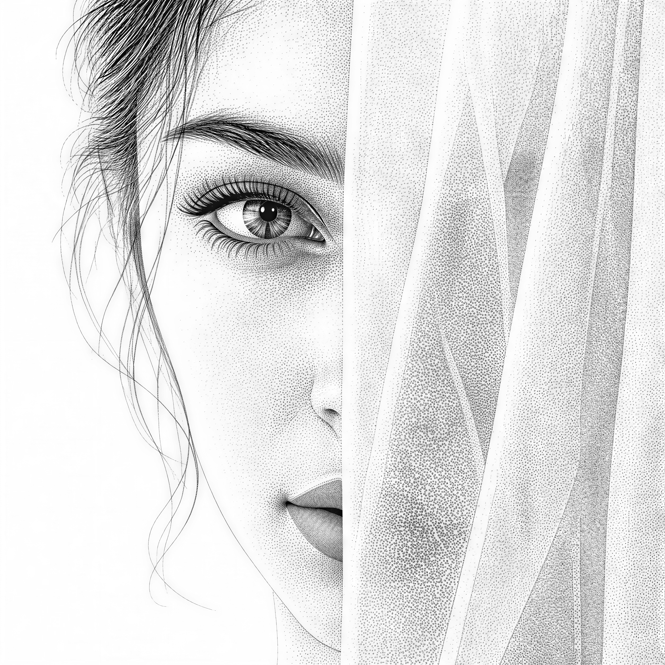 A woman's face partly hidden behind a sheer curtain, one eye visible, light falling from the left