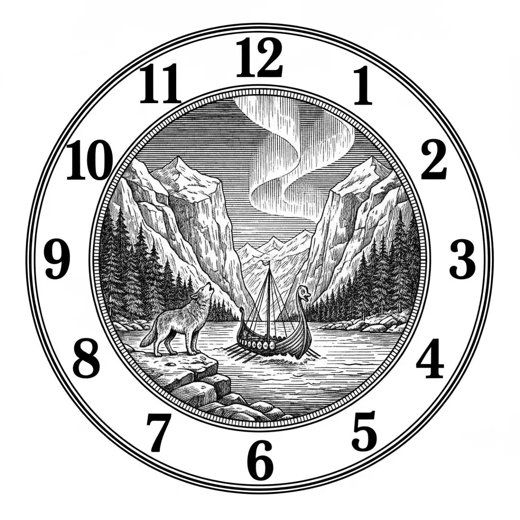A circular clock face design with two clearly separated zones: an outer ring band containing large bold Arabic numerals (12 at top, 3 right, 6 bottom, 9 left, with 1, 2, 4, 5, 7, 8, 10, 11 between them) placed on completely clean empty background with no decorative elements behind the numerals, the numerals must be highly legible and unobstructed, a thin decorative line separating the outer numeral ring from the inner scene, the inner circle contains a Viking longship sailing through a deep fjord between towering cliffs, northern lights swirling across the night sky, a lone wolf on a rocky shore, snow-capped mountains and pine forest, a carved dragon prow cutting through icy water, the central scene is fully contained within the inner circle and does not cross into the numeral ring, perfect circular composition with clear separation between the readable numeral border and the detailed central illustration