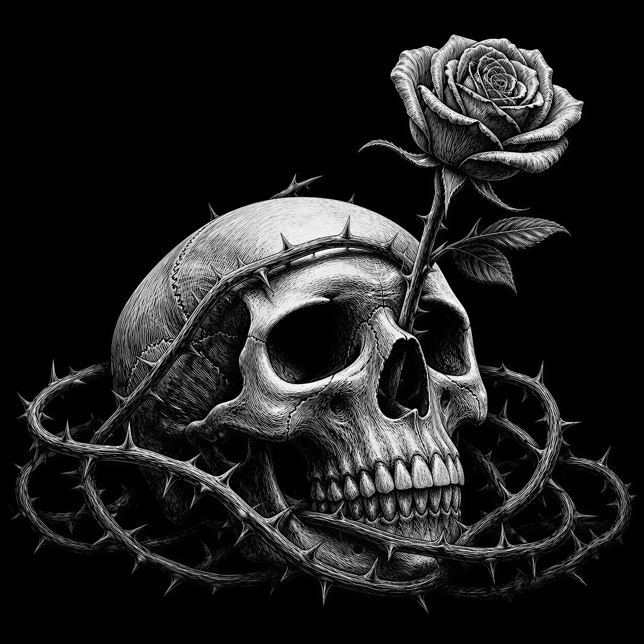 A human skull lies on the ground wrapped in thorny stems. A rose has sprouted through one of its eyes