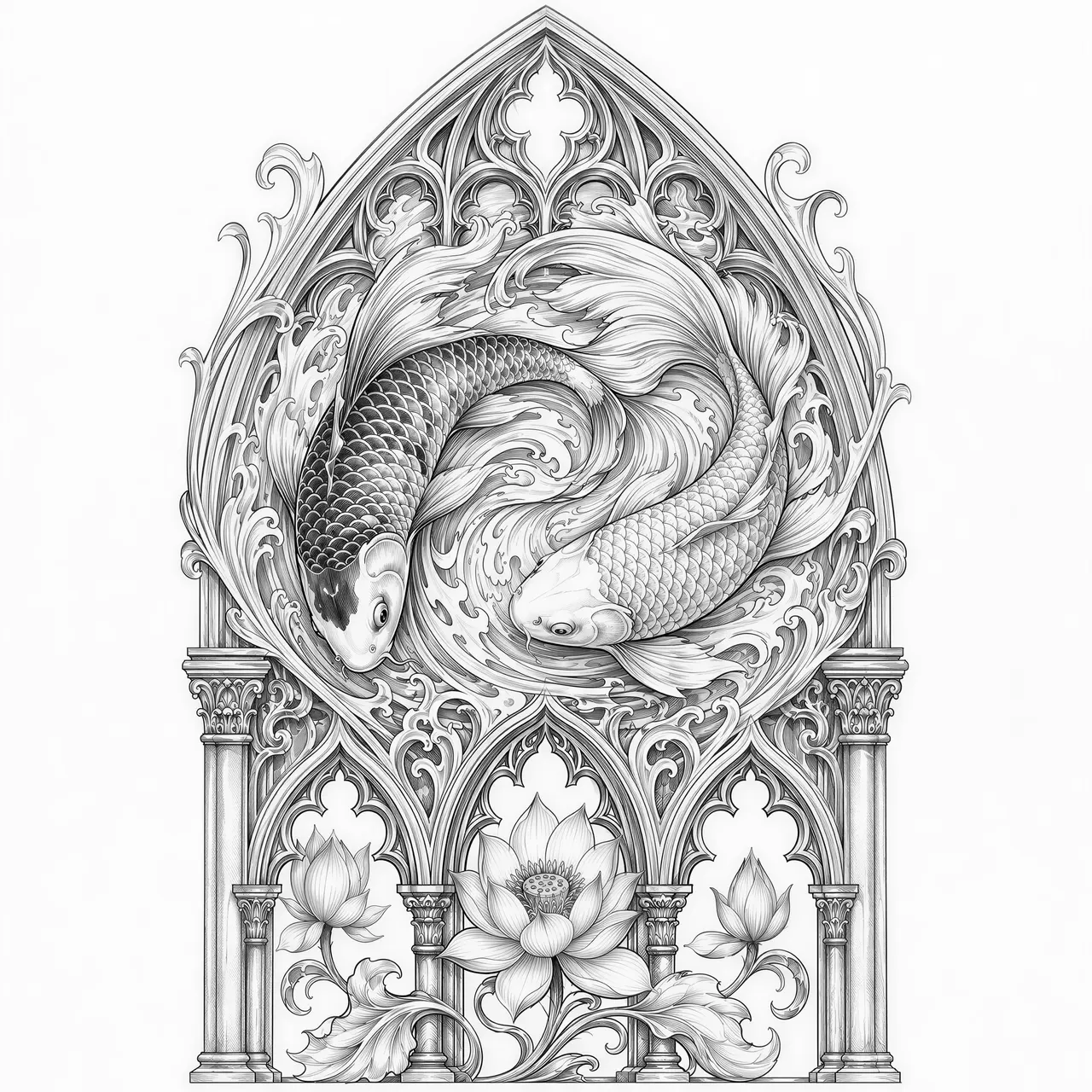 A twin pair of koi fish swimming in opposite directions forming a yin-yang circular composition within a tall gothic pointed arch frame, each fish with individually rendered scales and flowing ornate fins and tails extending into scrollwork, water ripple patterns integrated into gothic tracery background with wave-inspired cusped ornaments, lotus flowers at the base between gothic lancet arches with eastern-influenced column details, black and white intricate linework