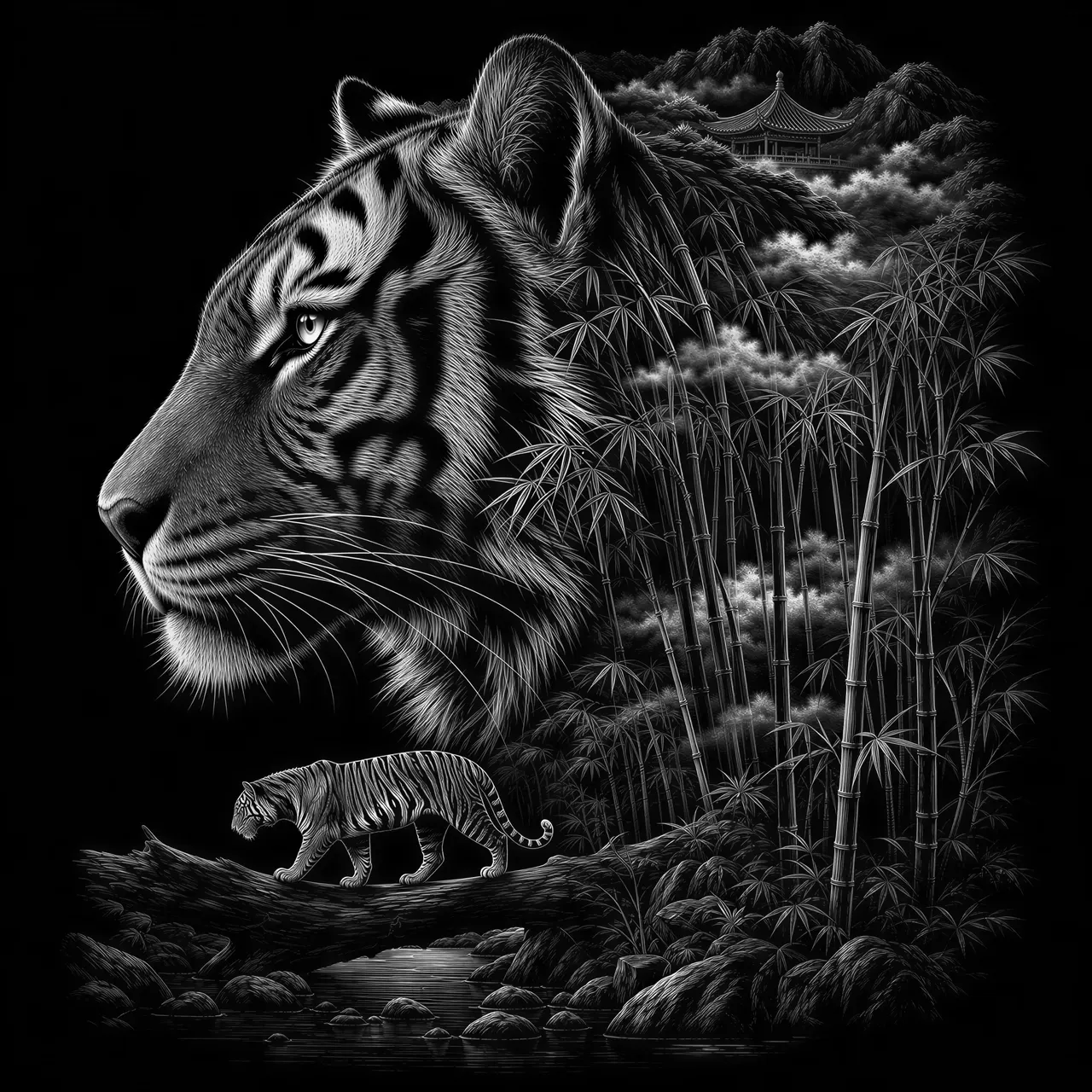 A tiger head in side profile facing left, the striped fur along the cheek and neck reorganizing into a bamboo forest on a rocky slope, layered fog banks separating the near bamboo from the distant hills, a mountain temple roof barely visible through the fog near the top of the head, a small tiger walking along a fallen tree trunk over a shallow stream in the foreground, the eye and whiskers kept intact while the mane area opens into depth.
