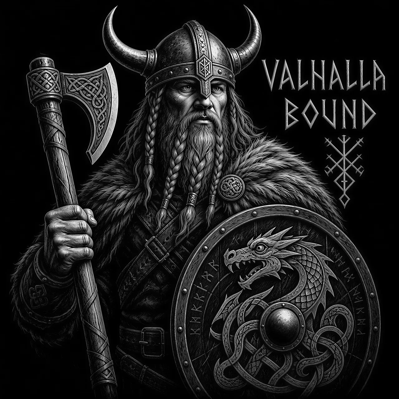Viking warrior with braided beard, horned helmet, battle axe. Norse runes, fur cloak, shield with dragon emblem. "Valhalla Bound" in runic style.
