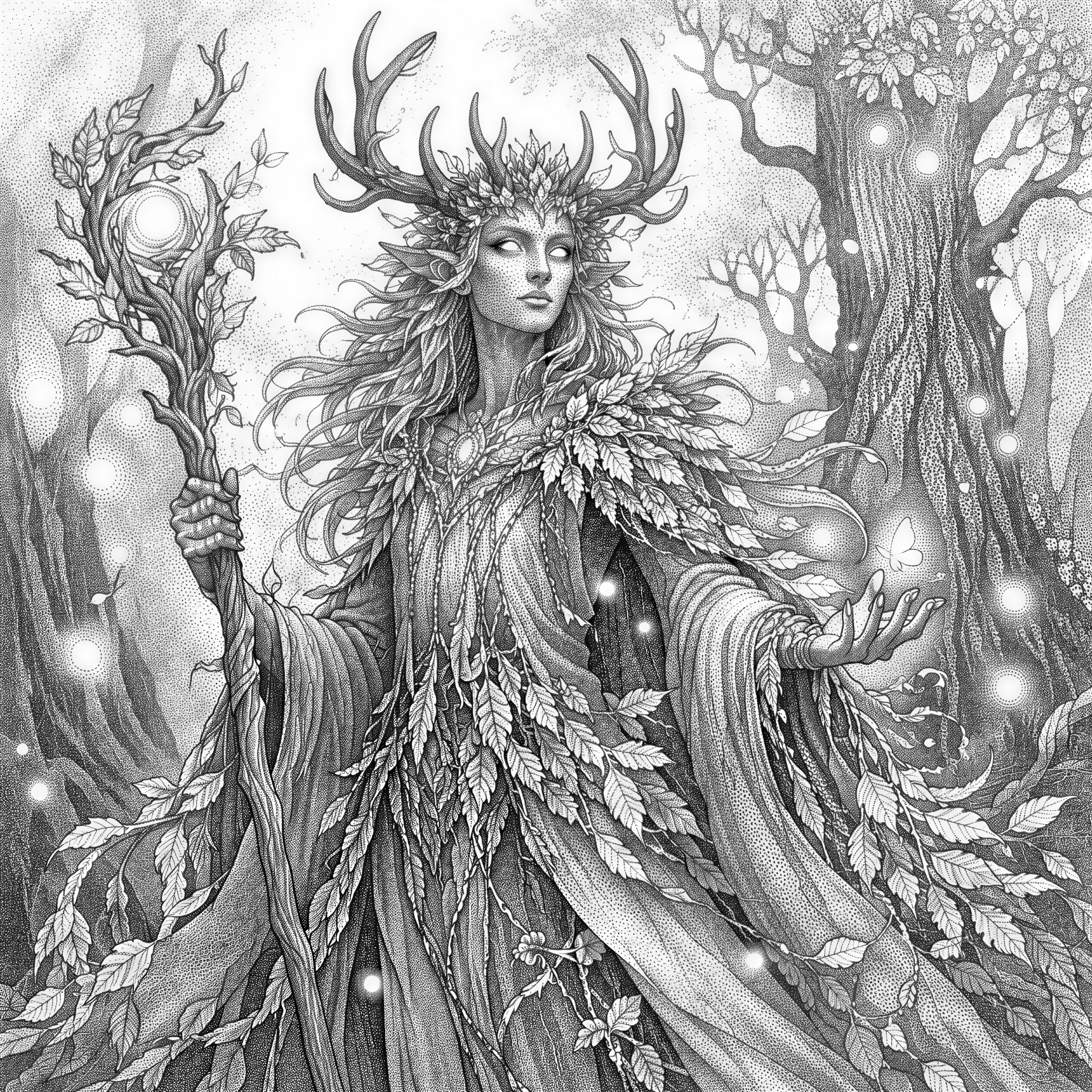 Mystical forest spirit with antler crown, flowing robes made of leaves. Glowing eyes, nature magic, surrounded by fireflies and ancient trees.