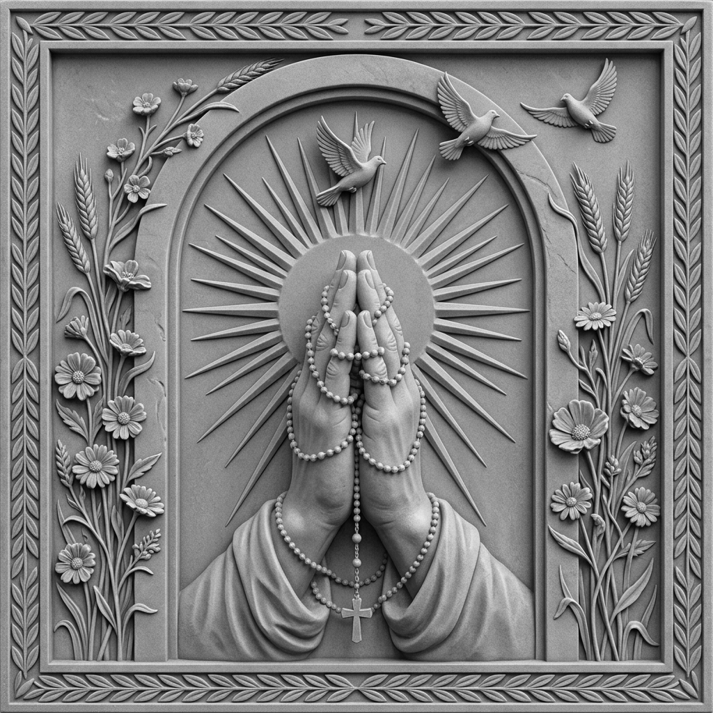 A pair of praying hands rising from the center of the composition, fingers interlaced, a thin rosary chain slipping between them and pooling at the wrists. Behind the hands stands a tall rounded arch, and inside the arch a sunburst radiates outward in long tapering rays. Wildflowers and wheat stalks grow up along both sides of the arch, curling inward at the top to almost meet. Three small doves fly through the upper open space, one crossing in front of the arch and two behind it. A narrow decorative border of laurel leaves frames the entire scene.