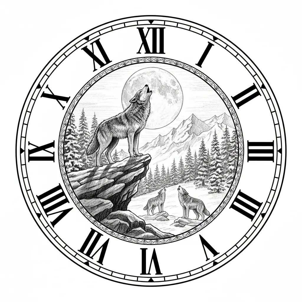 A circular clock face design with two clearly separated zones: an outer ring band containing large bold Roman numerals (XII at top, III right, VI bottom, IX left, with I, II, IV, V, VII, VIII, X, XI between them) placed on completely clean empty background with no decorative elements behind the numerals, the numerals must be highly legible and unobstructed, a thin decorative line separating the outer numeral ring from the inner scene, the inner circle contains a lone alpha wolf howling at a massive full moon on a rocky cliff edge, three additional pack members on lower rocks, snow-covered pine forest, jagged mountain peaks, dramatic moonlight casting shadows across snow, the central scene is fully contained within the inner circle and does not cross into the numeral ring, perfect circular composition with clear separation between the readable numeral border and the detailed central wildlife illustration