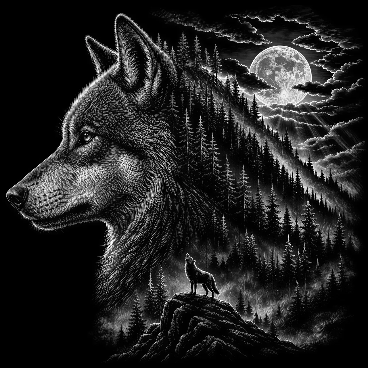A wolf head in strict side profile facing left, the neck fur and ruff gradually dissolving into a dense pine forest that climbs a steep ridge, the treeline thinning as it rises toward the top of the head, behind the ridge a full moon low in the sky with layered clouds breaking apart around it and thin light rays spilling between them, at the base of the composition a rocky outcrop with a single small wolf standing on it, head raised toward the moon, mist pooling between the tree trunks, the lower jaw and muzzle remaining solid while the back of the skull opens fully into landscape.
