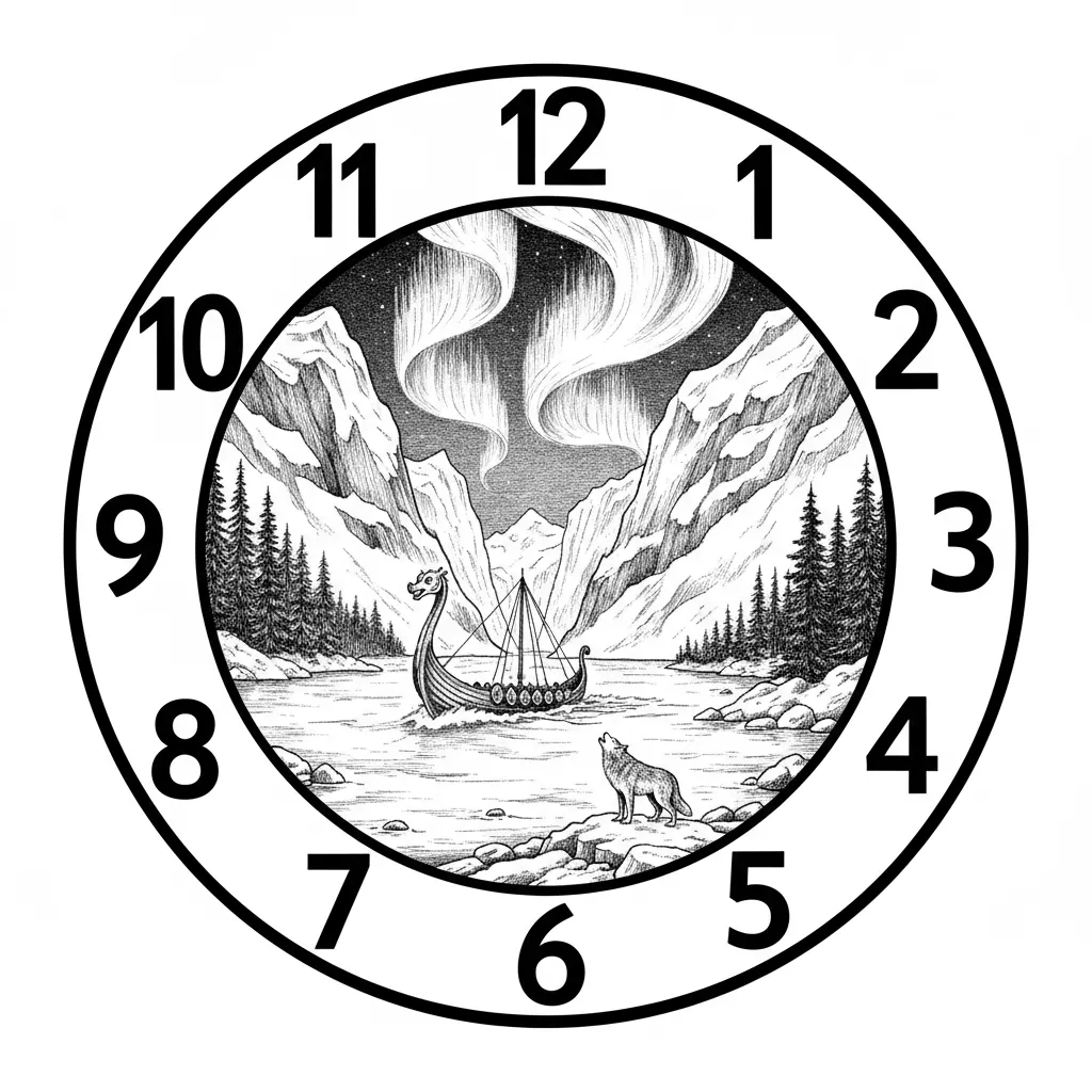 A circular clock face design with two clearly separated zones: an outer ring band containing large bold Arabic numerals (12 at top, 3 right, 6 bottom, 9 left, with 1, 2, 4, 5, 7, 8, 10, 11 between them) placed on completely clean empty background with no decorative elements behind the numerals, the numerals must be highly legible and unobstructed, a thin decorative line separating the outer numeral ring from the inner scene, the inner circle contains a Viking longship sailing through a deep fjord between towering cliffs, northern lights swirling across the night sky, a lone wolf on a rocky shore, snow-capped mountains and pine forest, a carved dragon prow cutting through icy water, the central scene is fully contained within the inner circle and does not cross into the numeral ring, perfect circular composition with clear separation between the readable numeral border and the detailed central illustration