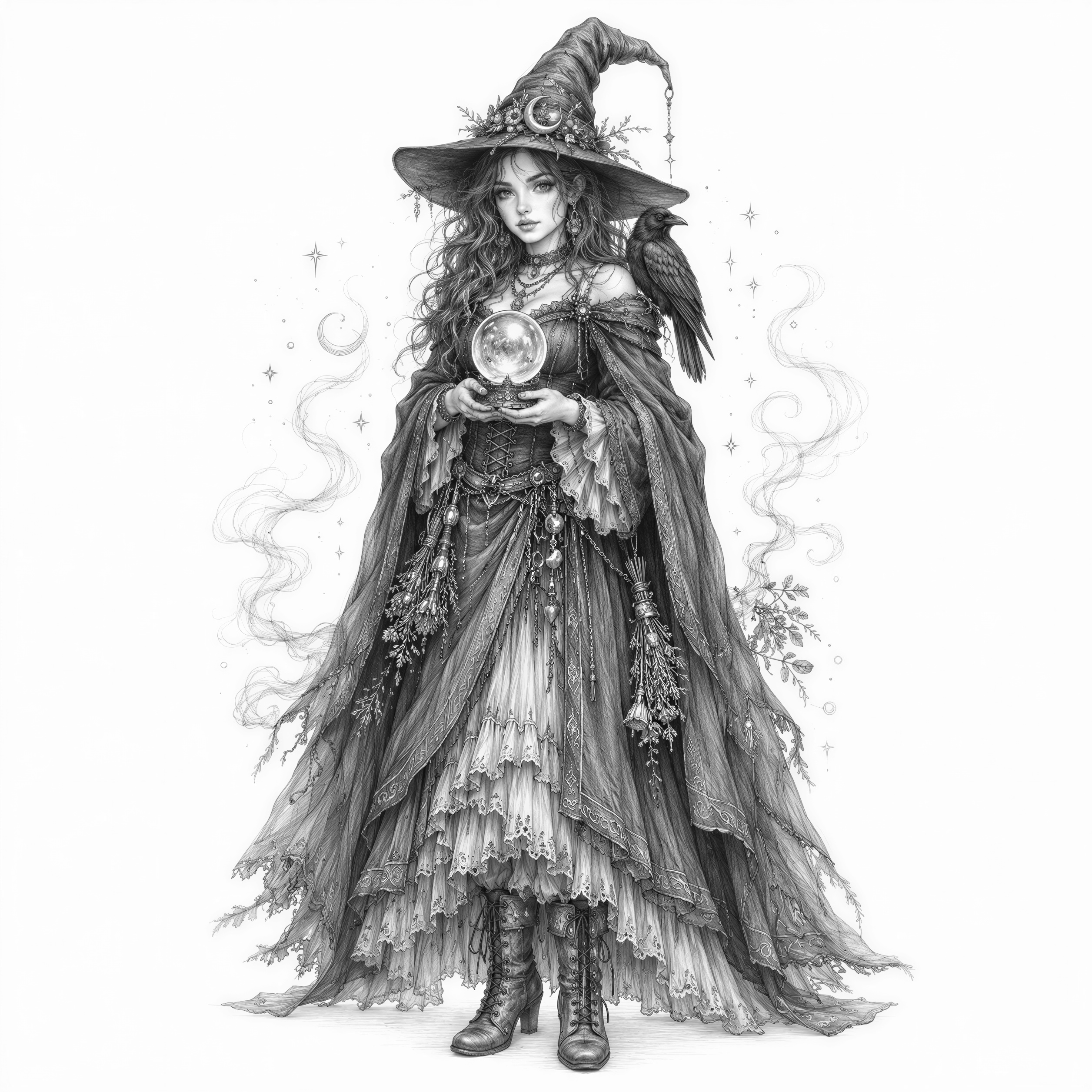A beautiful young witch shown in a complete full-body view from the tip of her pointed hat to both feet, with her entire figure fully visible and centered inside the frame. She wears an intricately decorated pointed witch hat with a crescent-moon brooch, a long flowing layered dress, detailed boots, and a textured cloak. Her long wavy hair frames an expressive face with finely rendered eyes and natural features. She holds an ornate crystal ball gently between both hands while a raven rests on her shoulder. Subtle magical sparkles, tiny stars, dried herbs, and delicate curling smoke surround her without covering her body. Rich facial detail, layered fabric folds, intricate hat textures, balanced composition, generous empty space around the complete figure, no cropping, no body parts outside the frame, clean white background, no text, no frame.
