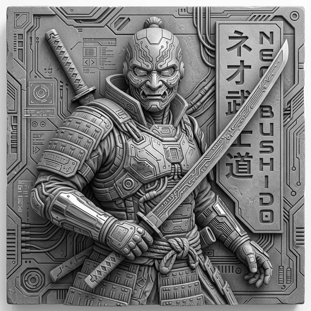 Cyberpunk-samoerai met neonkatana, tech-harnas en gloeiend masker. Circuitpatronen, holografische details, chromen afwerking. "Neo Bushido" in futuristische kanji.