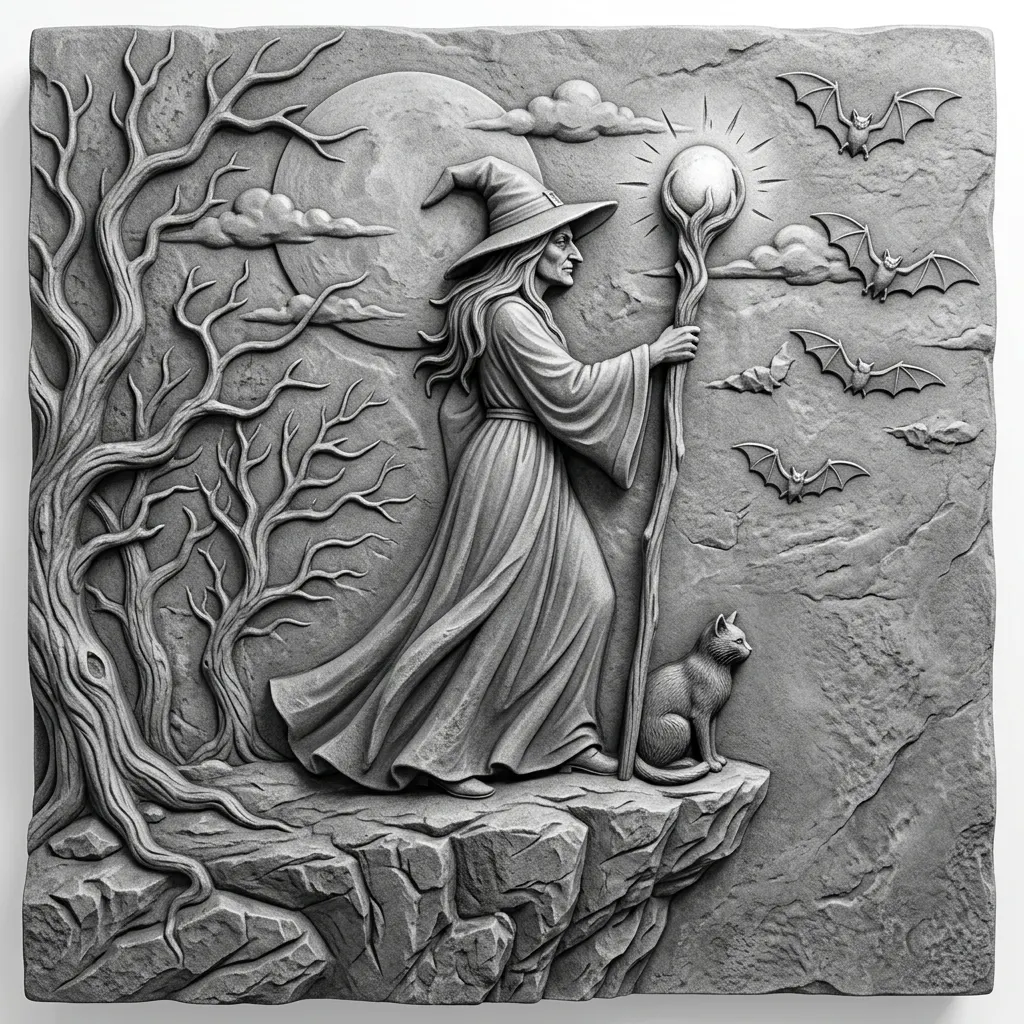 A witch standing on a rocky cliff at night, long flowing robe and pointed hat, holding a wooden staff with a glowing orb on top, a black cat sitting beside her feet, a full moon and scattered clouds behind her, bats flying across the sky, a few bare twisted trees on the side