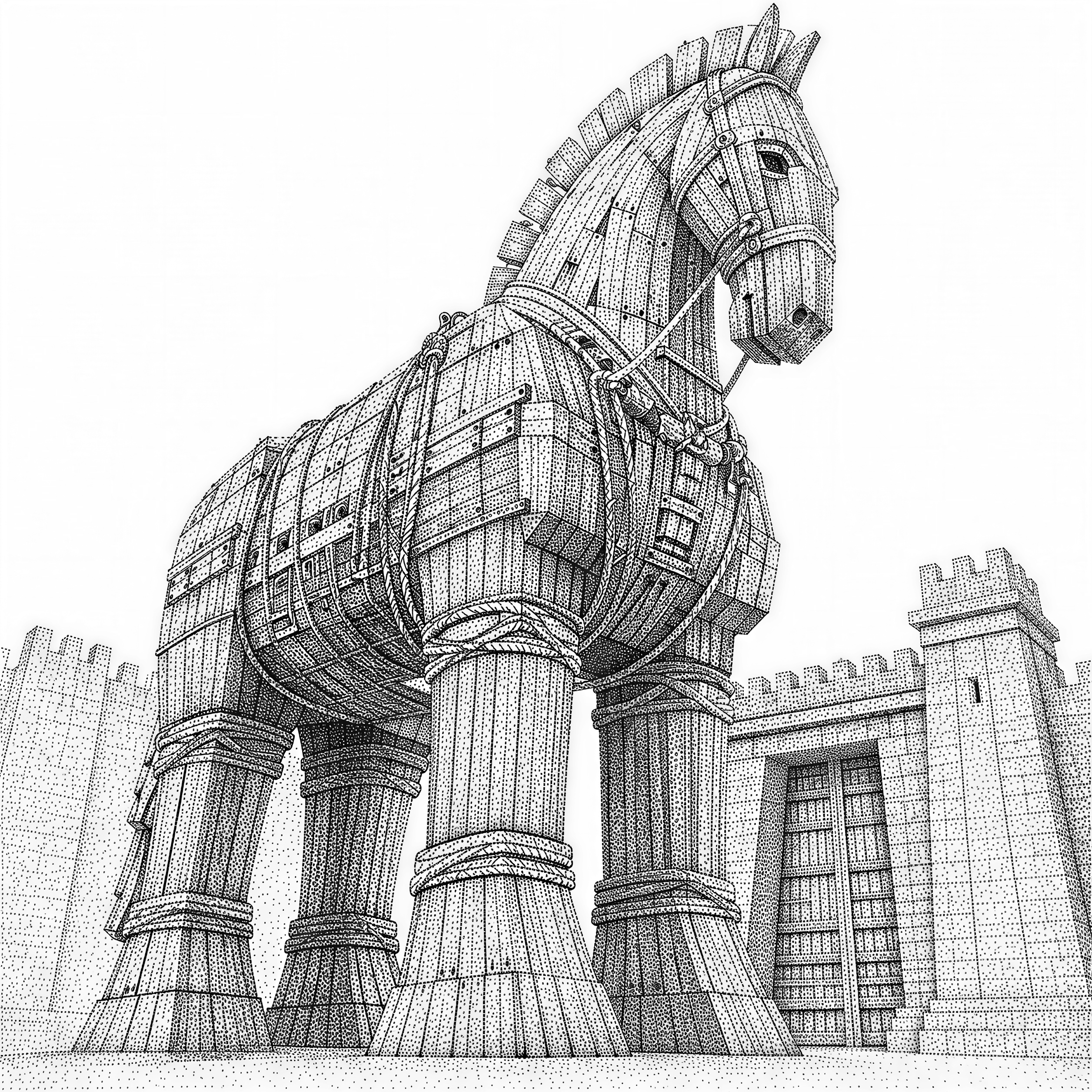 The great wooden Trojan Horse standing before the gates of Troy, massive timber construction with rope details, epic low-angle view