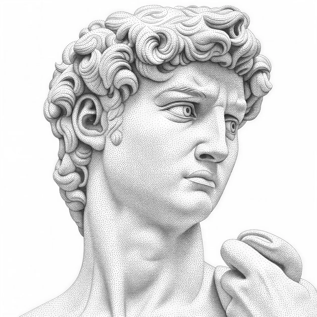 Michelangelo's David sculpture, close-up of the head and shoulders, marble curls and focused gaze, three-quarter view