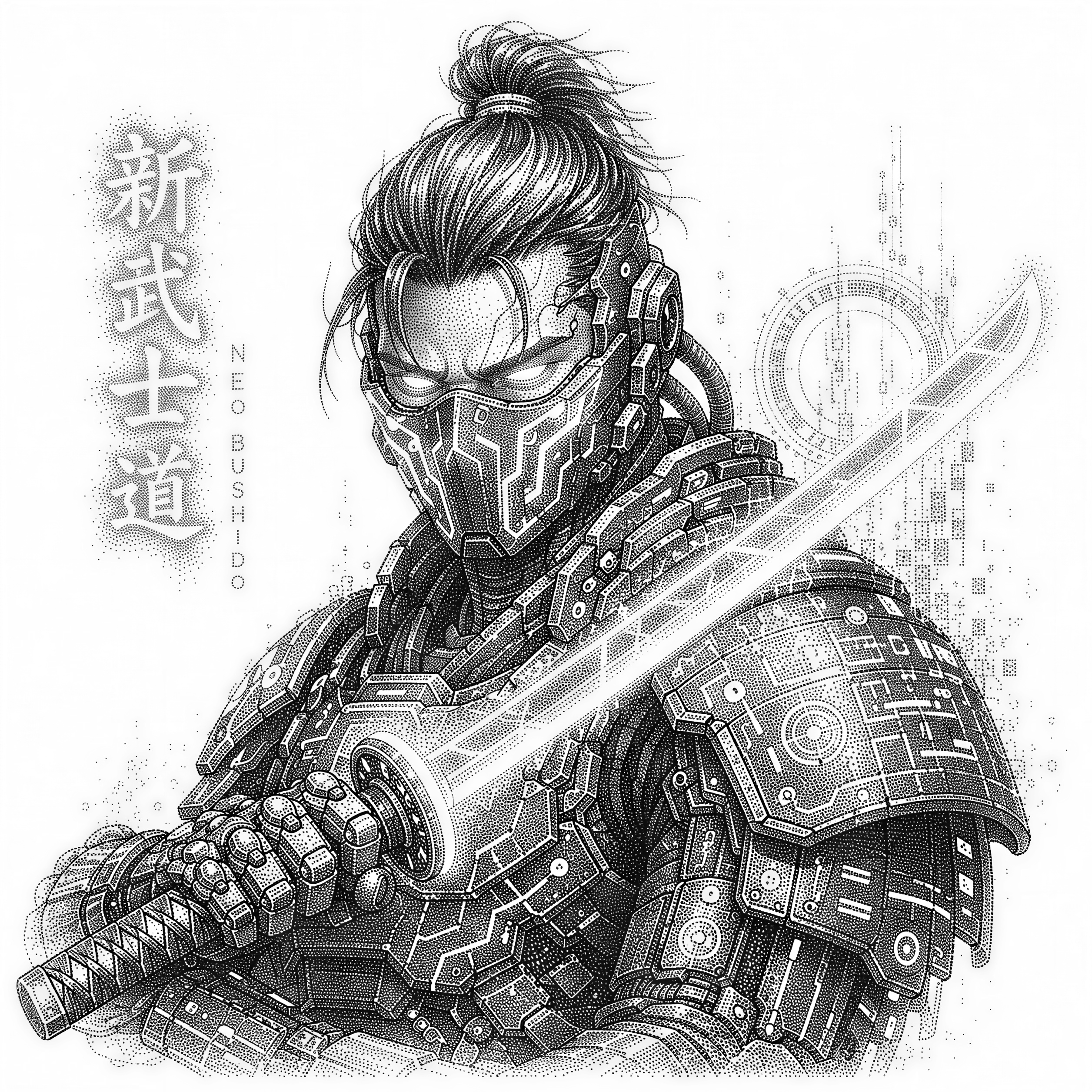 Cyberpunk samurai with neon katana, tech armor, glowing mask. Circuit patterns, holographic details, chrome finish. "Neo Bushido" in futuristic kanji.