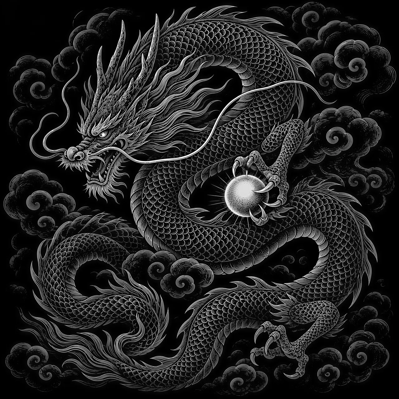 testA coiling celestial dragon spiraling through layered clouds, serpentine body covered in individually detailed scales, flowing whiskers and mane like silk ribbons, claws gripping a luminous pearl, traditional Japanese ryū dragon style with powerful dynamic pose, intricate cloud formations surrounding the body