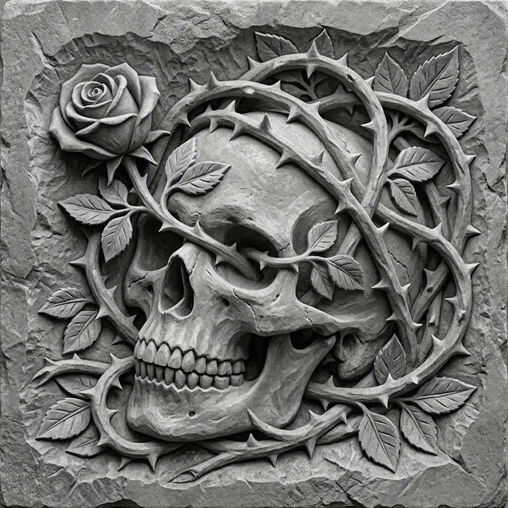 A human skull lies on the ground wrapped in thorny stems. A rose has sprouted through one of its eyes