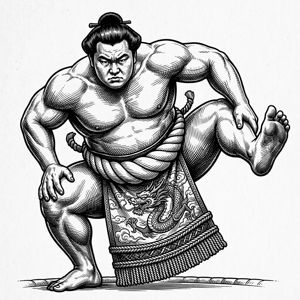 A powerful sumo wrestler yokozuna grand champion in ceremonial kesho-mawashi silk apron with embroidered dragon design, massive muscular build with detailed body anatomy, traditional chonmage topknot hairstyle with oiled hair, performing the intimidating shiko leg stomp ritual pose, intense focused expression, rope shimenawa champion belt tied around the waist