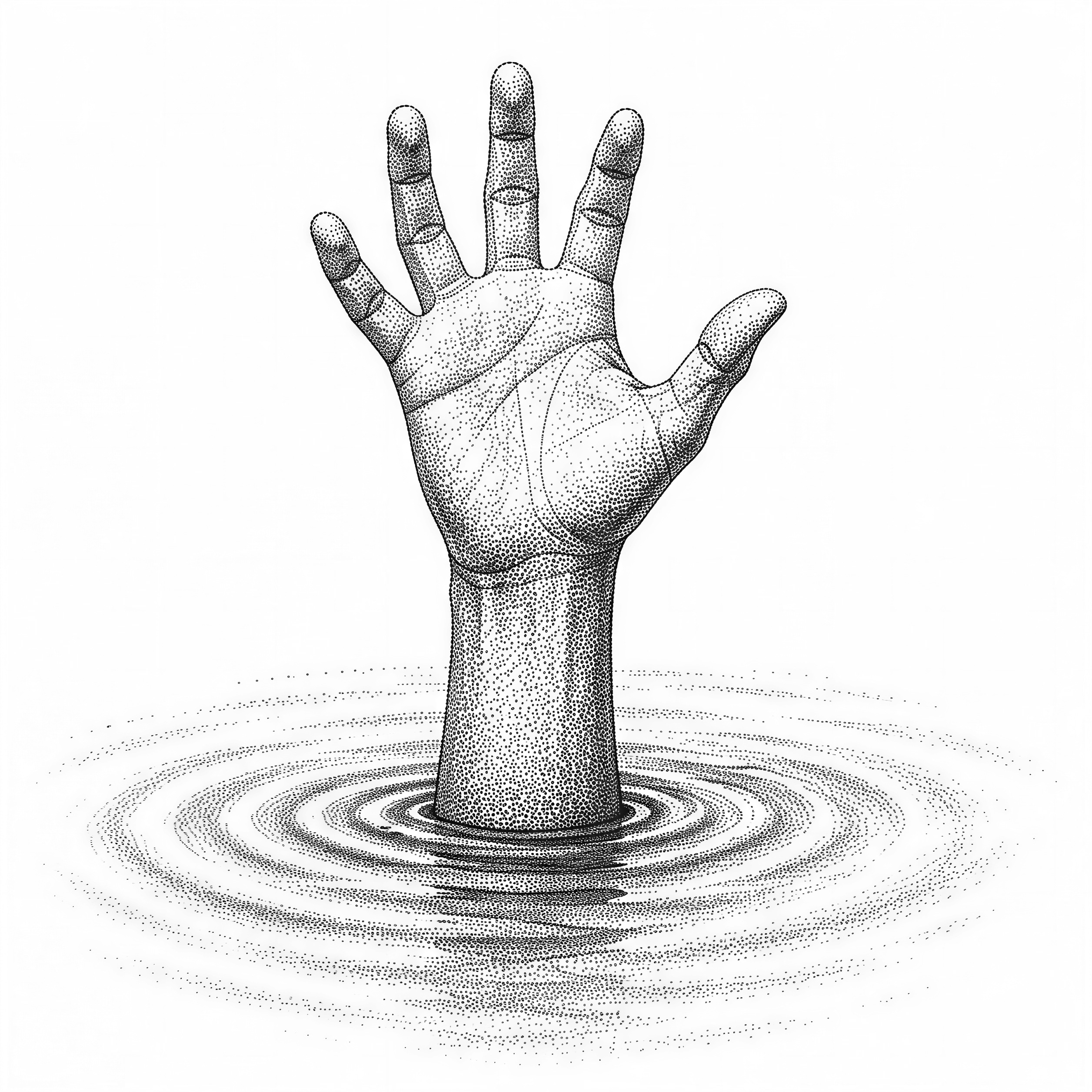 A single hand reaching upward out of still water, fingers spread, ripples spreading outward