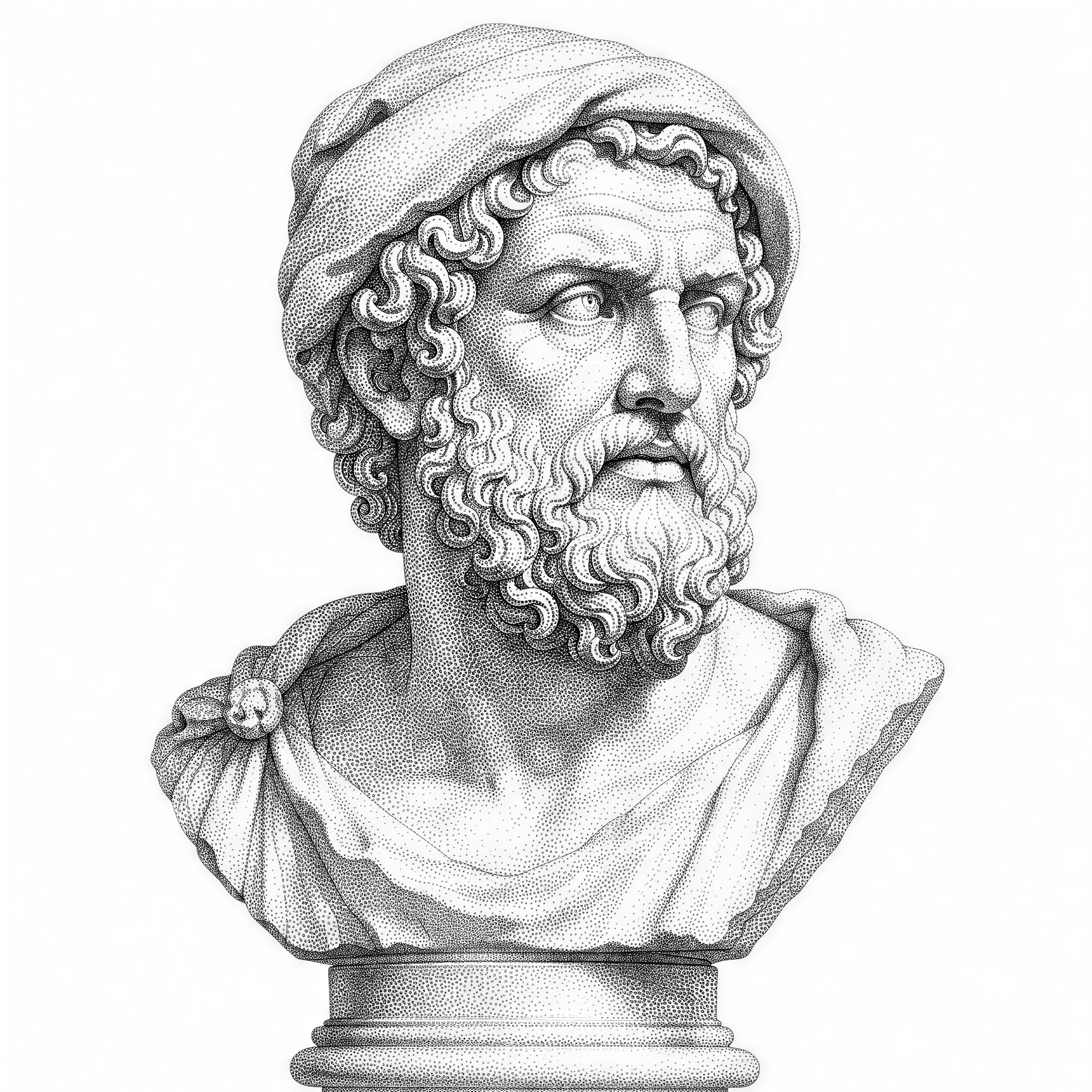 Marble bust of Odysseus with a curly beard and a traveler's cap, weathered ancient Greek sculpture, dramatic side lighting, museum pedestal view